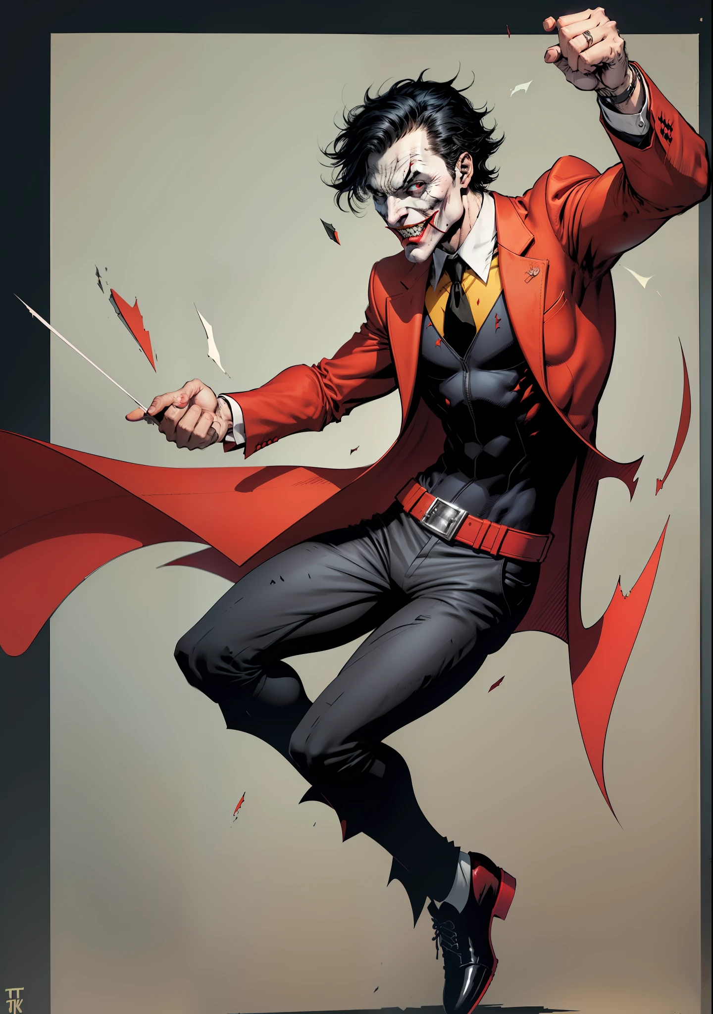 a man, black hair, pale face, red suit, black pants, social shoes, black eyes and pupils, red hat, one side of his mouth is completely torn showing his scary gums, super Villain, inspired by the joker, full body, reference sheet, T pose, white background