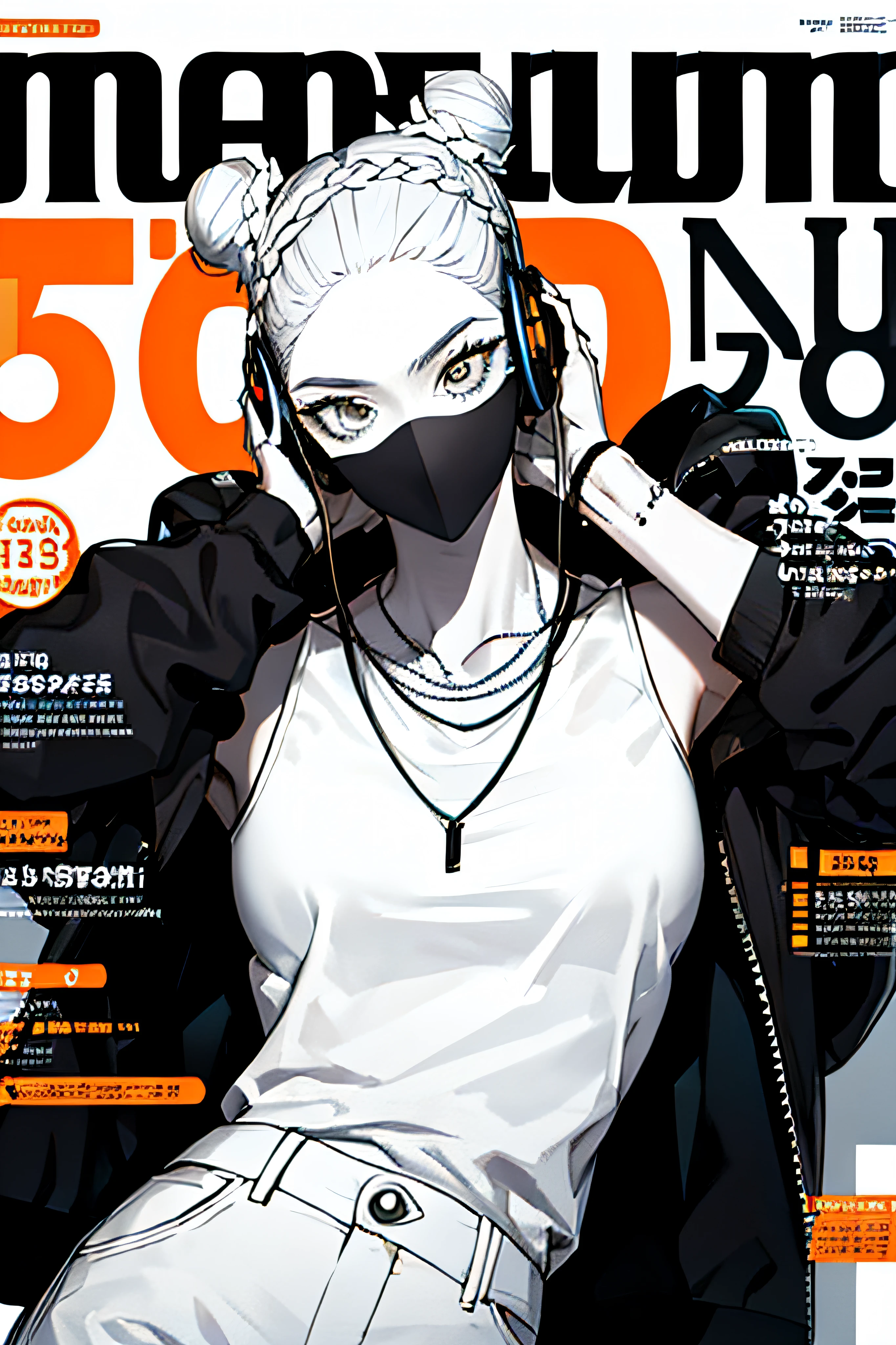 (magazine cover:1.3),ulzzang-6500, (realistic: 1.3) (original: 1.2), masterpiece, best quality, beautiful clean face, fullbody, 1woman, (wearing black and white and cobalt scifi techmask and headphones with complex electronics), wearing black techwear jacket and orange trousers with buckle and tape, (crystal necklace), posing for a picture, (white braided bun hair),