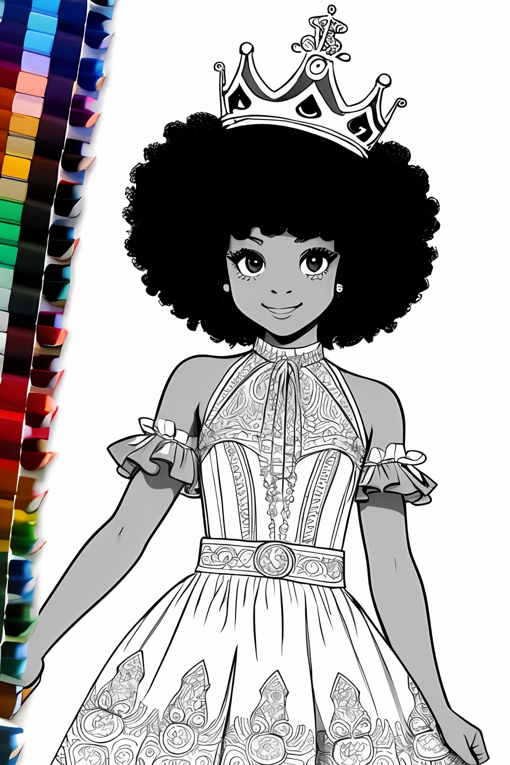 Drawing of a 13-year-old black afro princess with curly curly hair tied with a crown on her head (coloring book page) desenho estilo Disney 1970 infantil para colorir vestido sem cor sorrindo obra prima (fundo branco) Simple linear strokes to color full body with afro black skin color and white dress for a coloring book page with medium hair masterpiece (vestido simples) . White dress variations to color different dresses without color alone white background alone Disney style drawing -- --auto