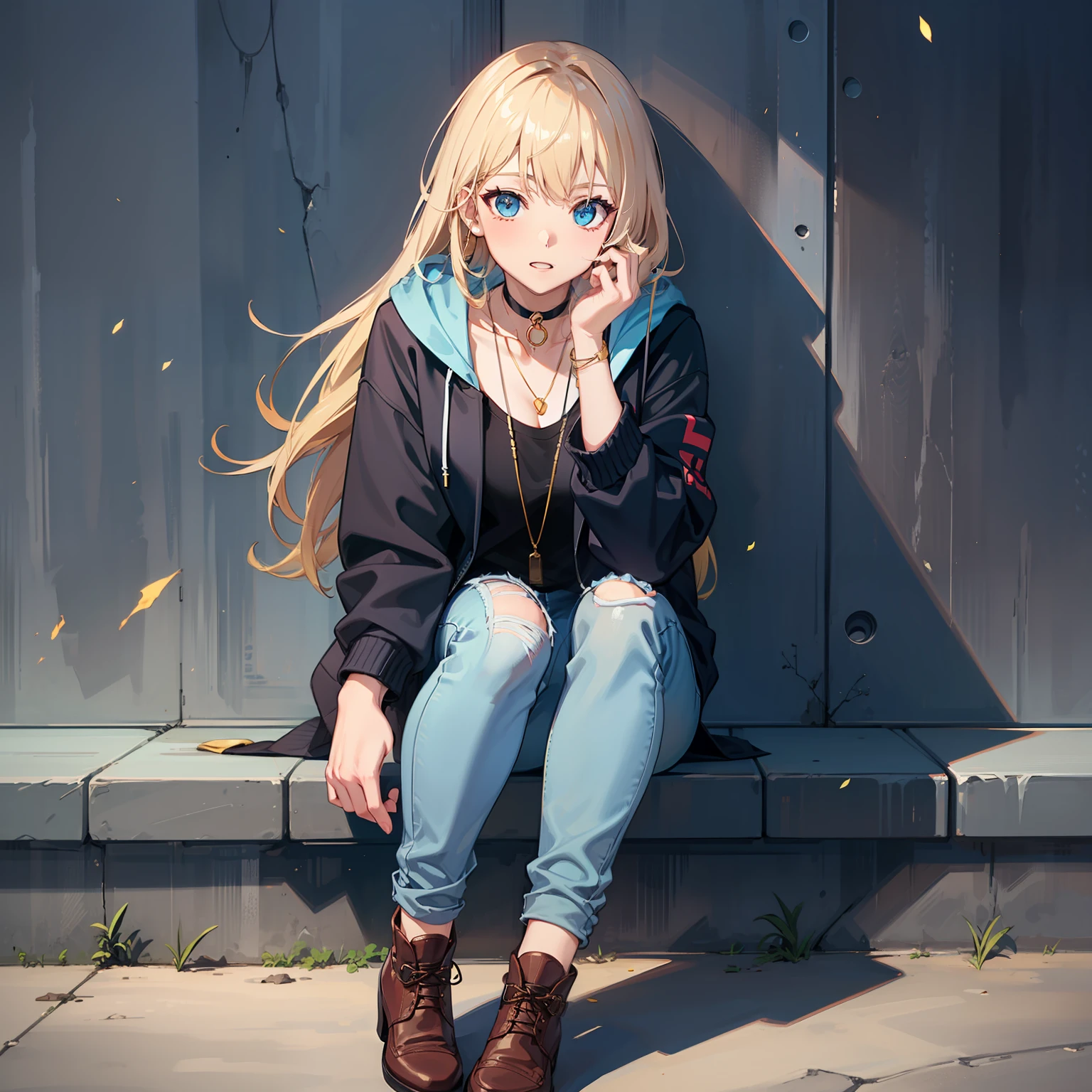 American women, Golden long hair, Light blue eyes, choker necklace, Hoodie, blazer jacket, Hot jeans, Desert boots, Heroes, Anime figure