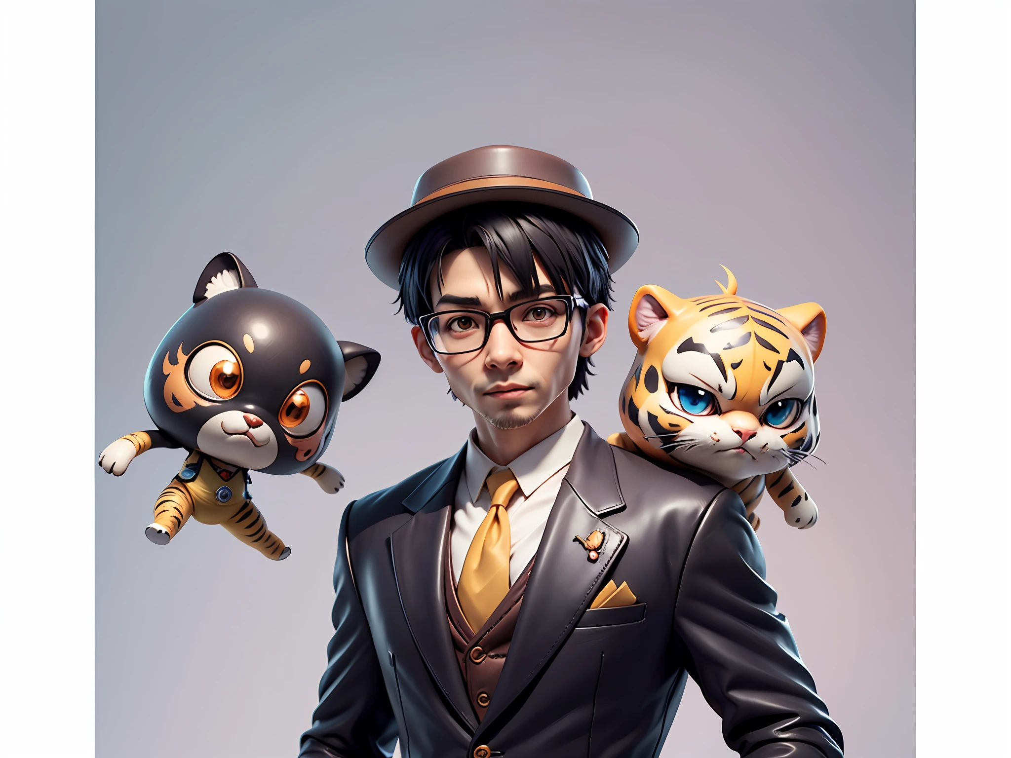 Young man with oriental face in leather hat, tiger, oriental face in formal suit, short black hair, silver glasses, digital painting, 3D character design by Mark Clairedon and Pixar and Hayao Miyazaki and Akira Toriyama, the illustration is a high-definition illustration in 4K resolution with very detailed facial features and cartoon-style visuals.