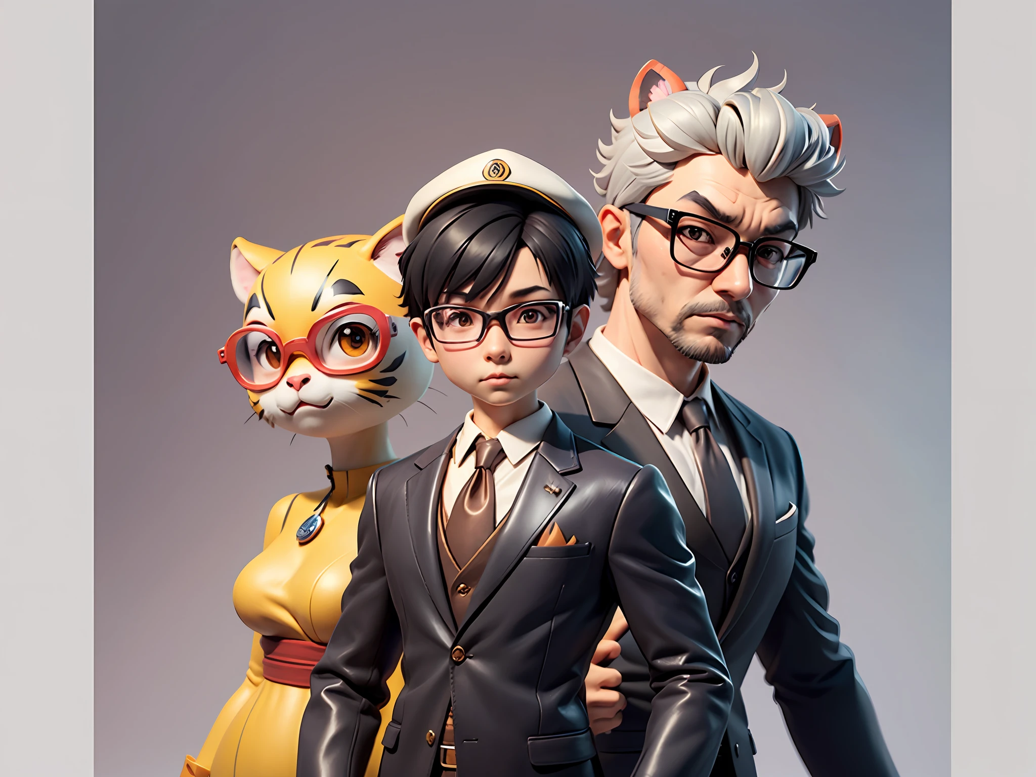 Young man with oriental face in leather hat, tiger, oriental face in formal suit, short black hair, silver glasses, digital painting, 3D character design by Mark Clairedon and Pixar and Hayao Miyazaki and Akira Toriyama, the illustration is a high-definition illustration in 4K resolution with very detailed facial features and cartoon-style visuals.