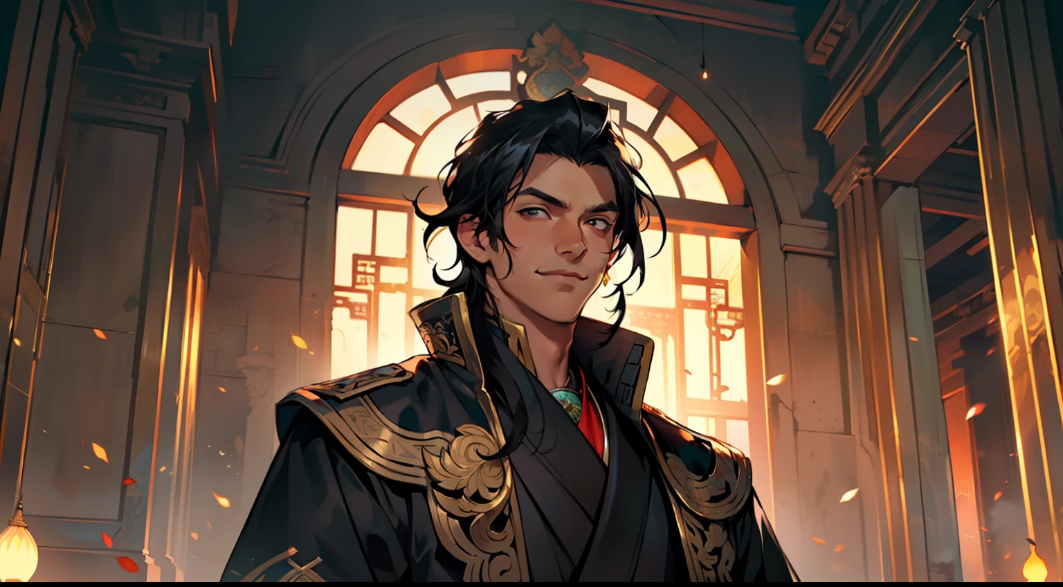 37. (The boy, with (((Black hair))), dressed in a black coat, his kingly air and outstanding demeanor intact, smiles and signals that there is no need for his father to worry, as he will show unwavering determination) (Background: A magnificent ancient imperial palace, resplendent with gold and jade).
