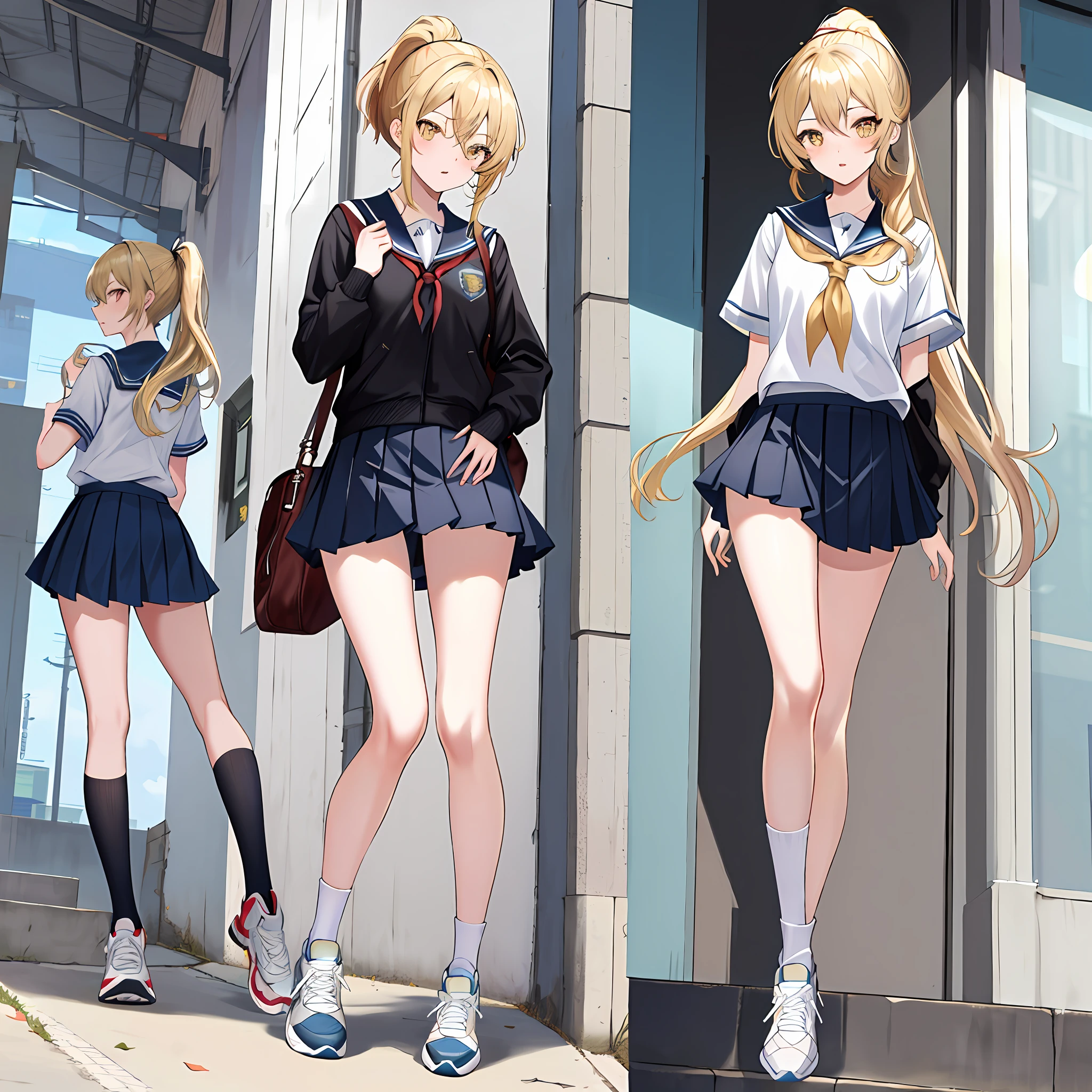 A high resolution,the detail,JK school uniform,wear cap,High ponytail,whaite hair,High school girl,full bodyesbian,Sassy and heroic,Golden pupils,long whitr hair,athletic sneakers,black lence stockings,Slightly fat,Slender legs