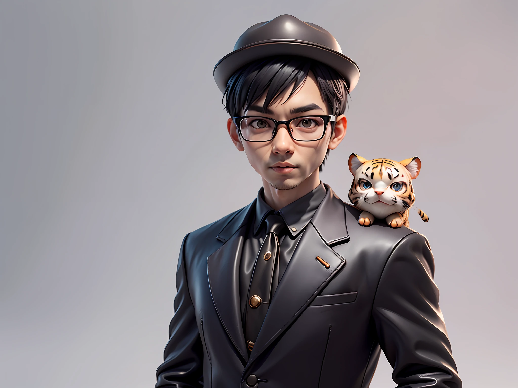 Young man with oriental face in leather hat, tiger, oriental face in formal suit, short black hair, silver glasses, digital painting, 3D character design by Mark Clairedon and Pixar and Hayao Miyazaki and Akira Toriyama, the illustration is a high-definition illustration in 4K resolution with very detailed facial features and cartoon-style visuals.