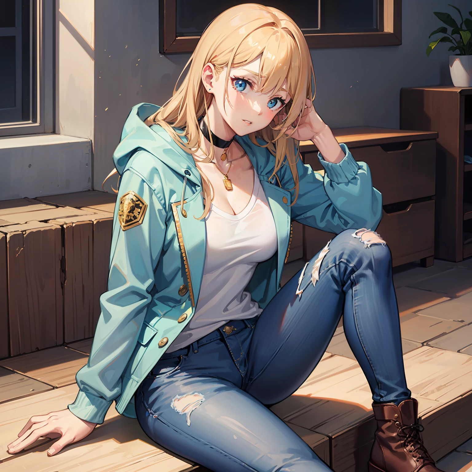 American women, Golden long hair, Light blue eyes, choker necklace, Hoodie, blazer jacket, Hot jeans, Desert boots, Heroes, Anime figure