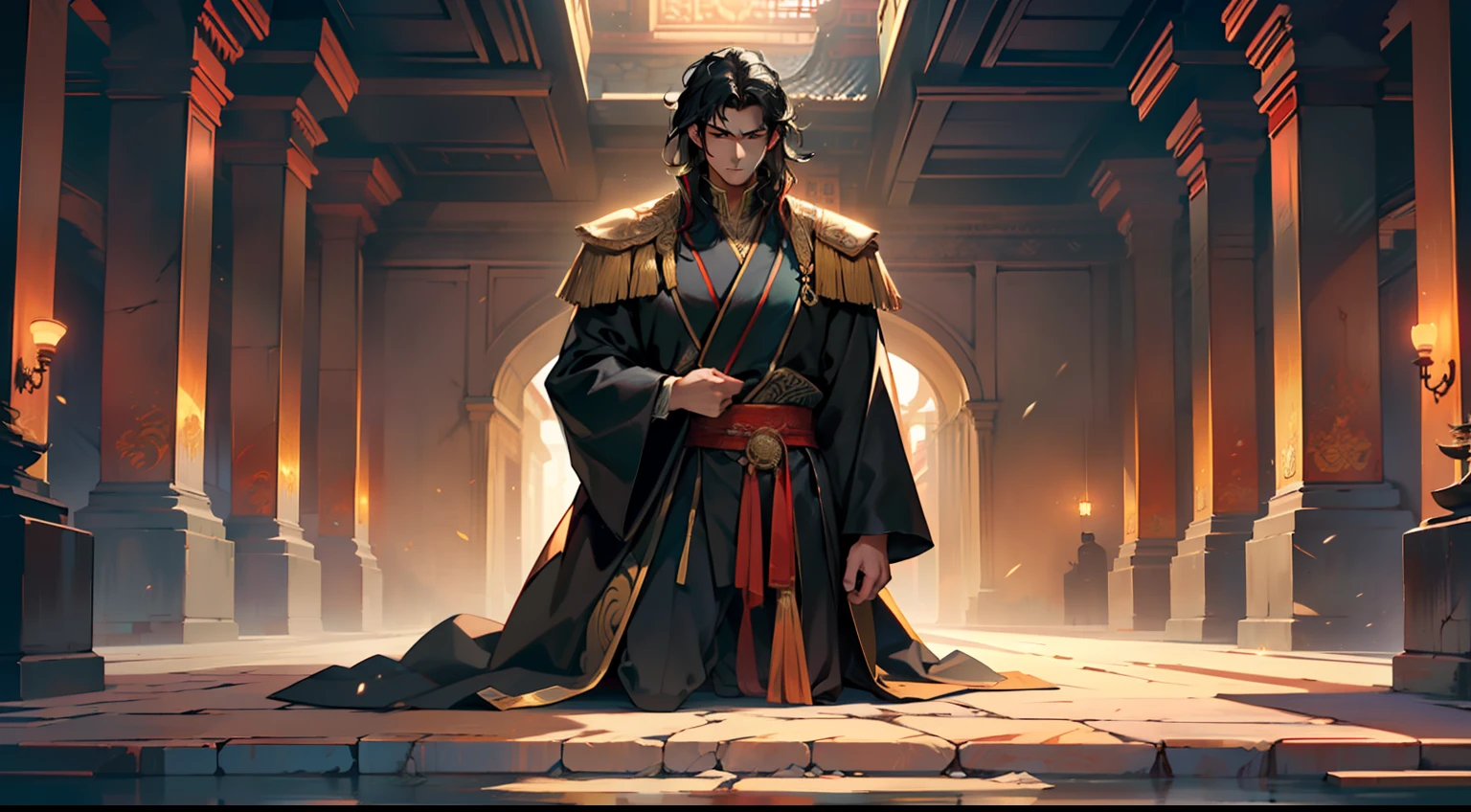 38. (The boy, with (((Black hair))), dressed in a black coat, his kingly air and outstanding demeanor intact, kneels down, causing the ground to crack, displaying his unwavering determination) (Background: A magnificent ancient imperial palace, resplendent with gold and jade).