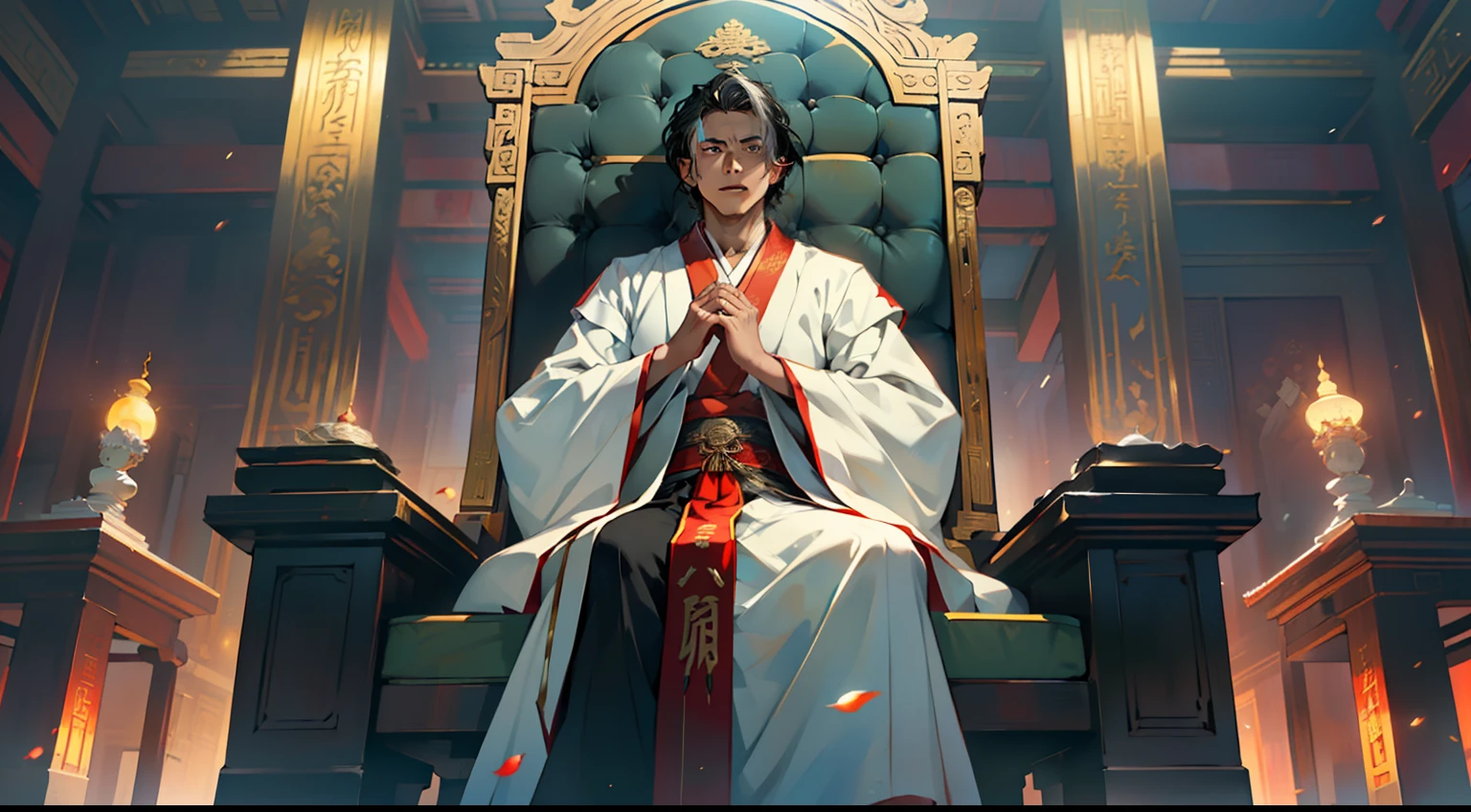 39. (The boy, with (((white hair))), dressed in white Hanfu, sitting on the sacred throne, is shocked to witness the boy, with (((Black hair))), dressed in a black coat, displaying a resolute posture, triggering the system prompt once again) (Background: A magnificent ancient imperial palace, resplendent with gold and jade).