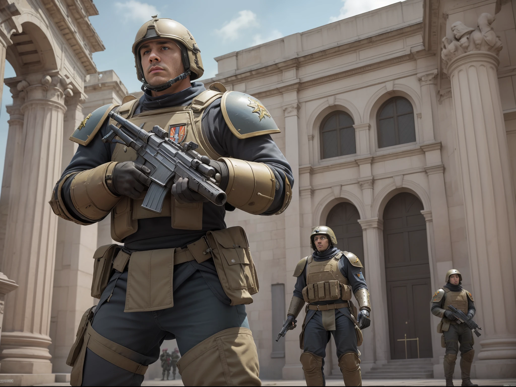 warhammer 40k style，The background is Roman architecture，Guard soldiers wear military tactical equipment，Shotguns，Guard the Senate，Power exoskeleton armor，Photorealistic photos