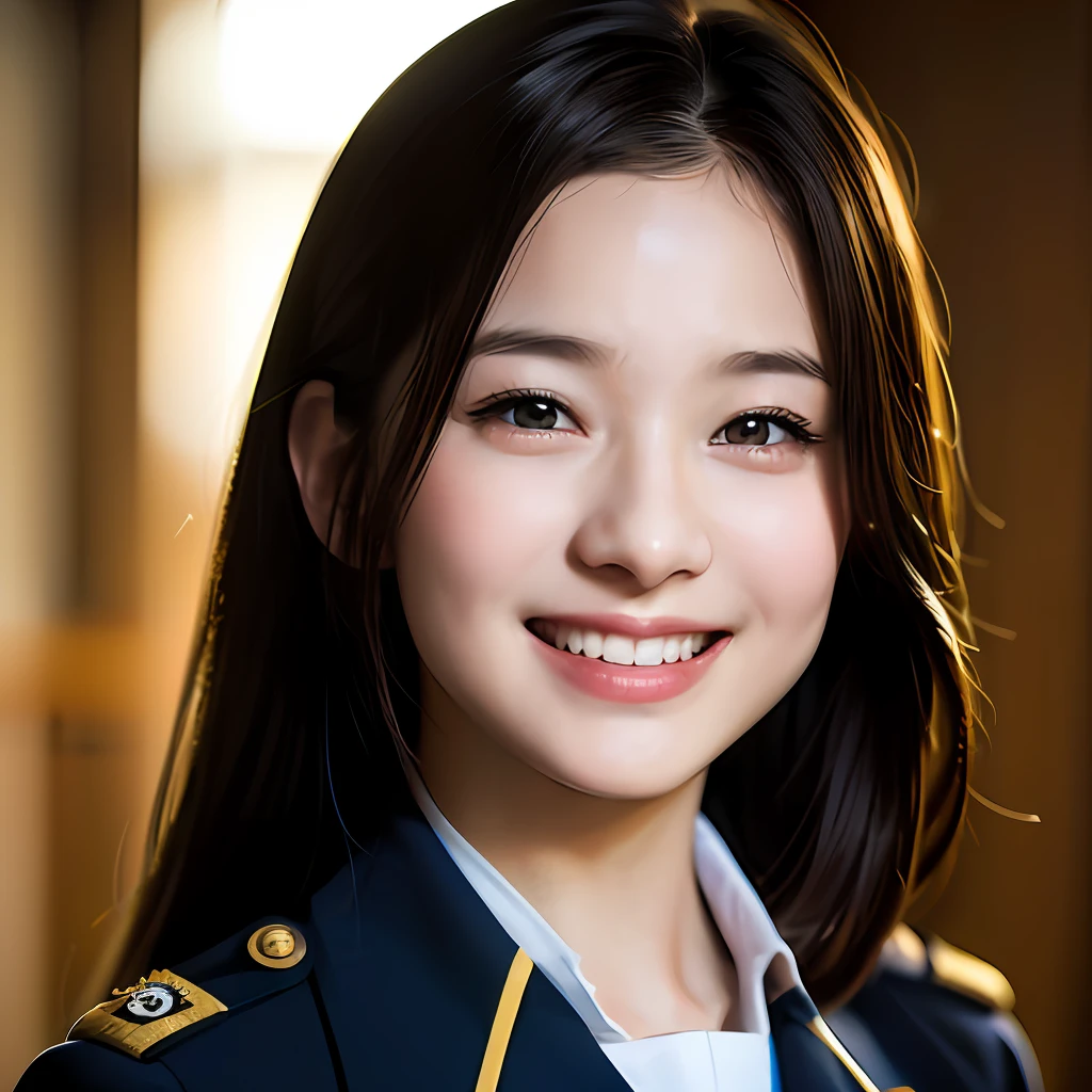 one teenage cute girl in uniform, (masterpiece, best quality:1.2), ultra high res, (photorealistic:1.4), detailed skin, cinematic lighting, friendly, intelligent, conversation engaging, happy, kind, energetic, cheerful, creative, with sparkling eyes and a contagious smile