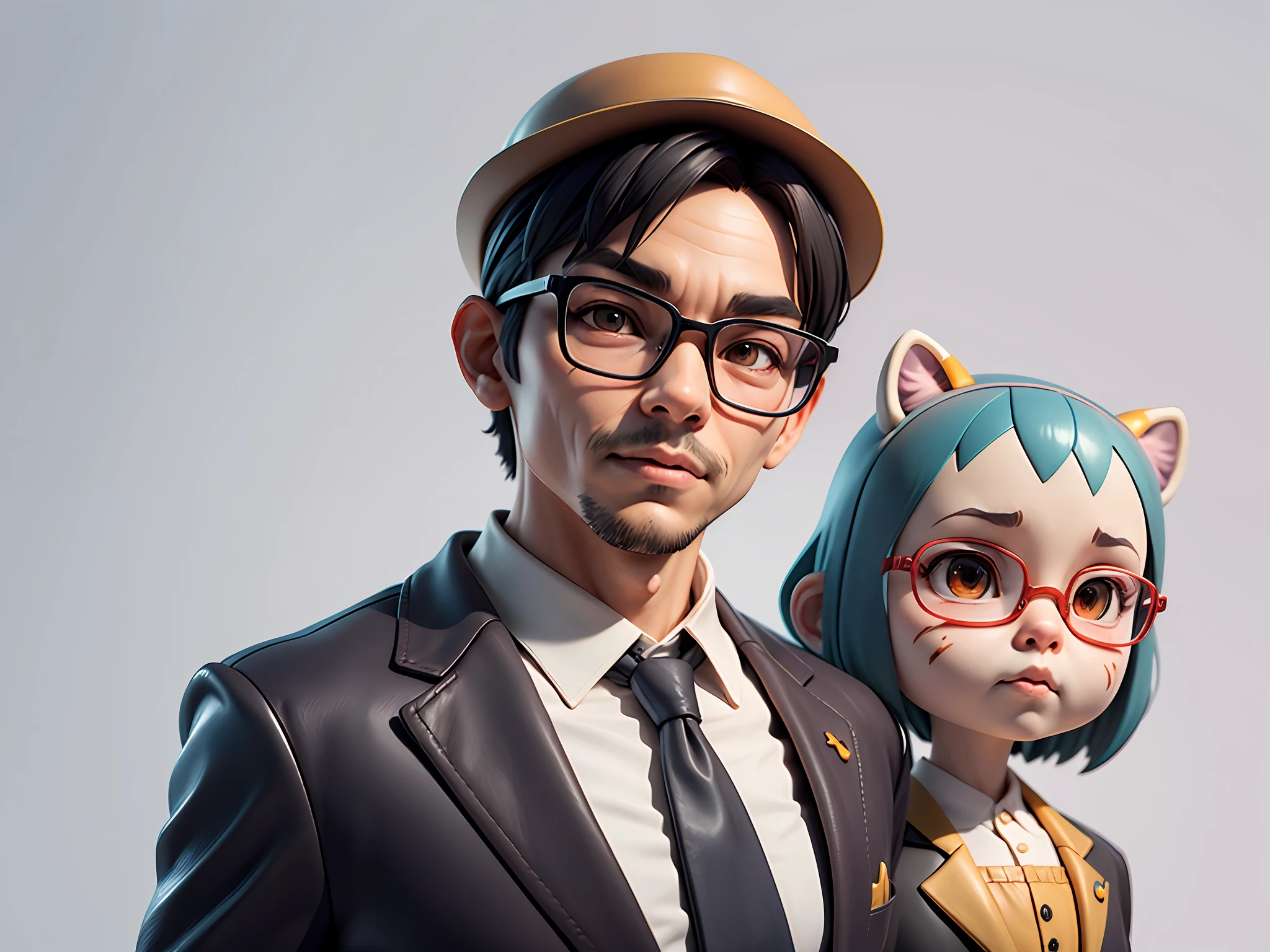 Young man with oriental face in leather hat, tiger, oriental face in formal suit, short black hair, silver glasses, digital painting, 3D character design by Mark Clairedon and Pixar and Hayao Miyazaki and Akira Toriyama, the illustration is a high-definition illustration in 4K resolution with very detailed facial features and cartoon-style visuals.