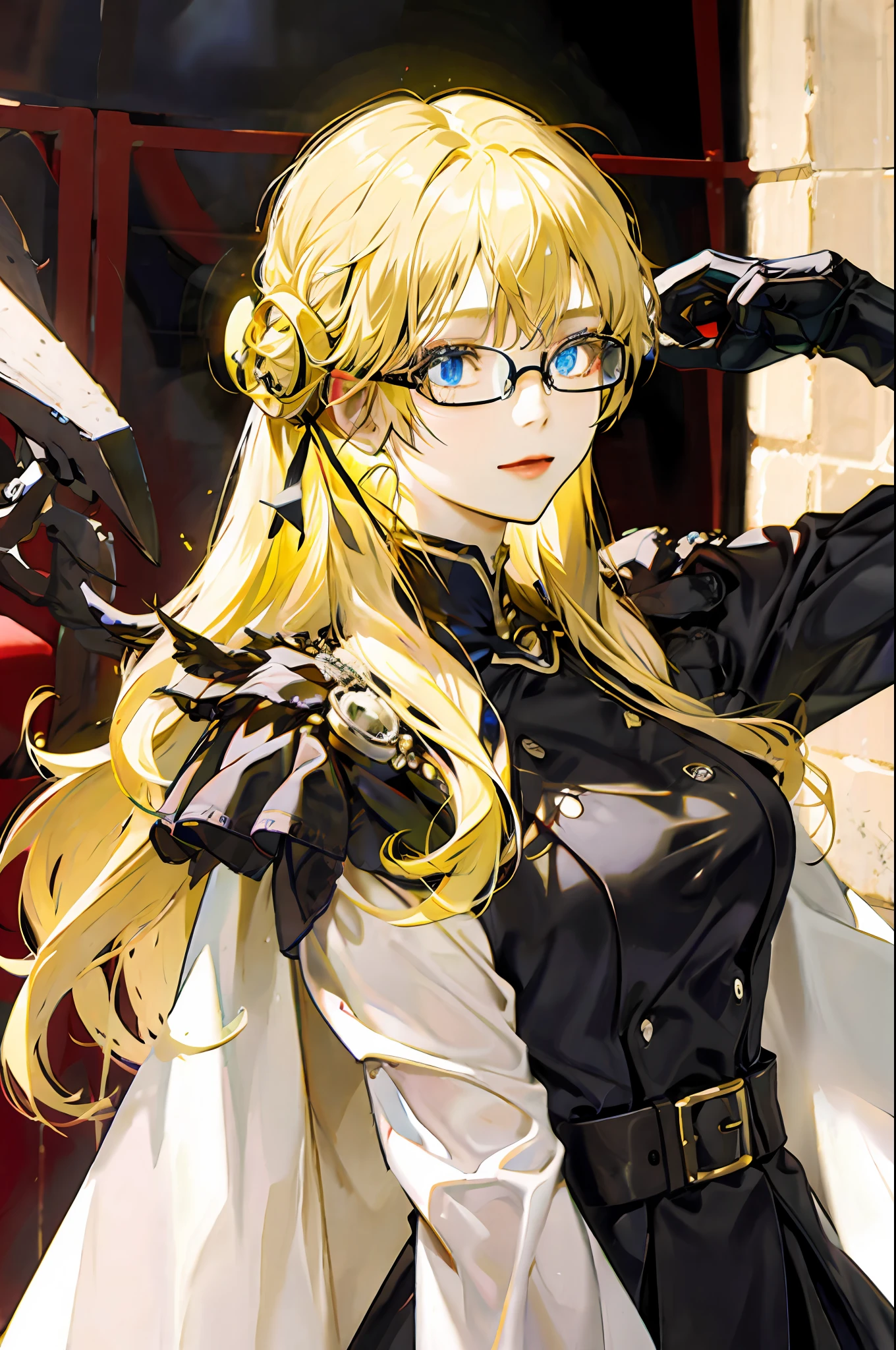 Woman with yellow hair, blue eyes, metal bones, large bust, glasses