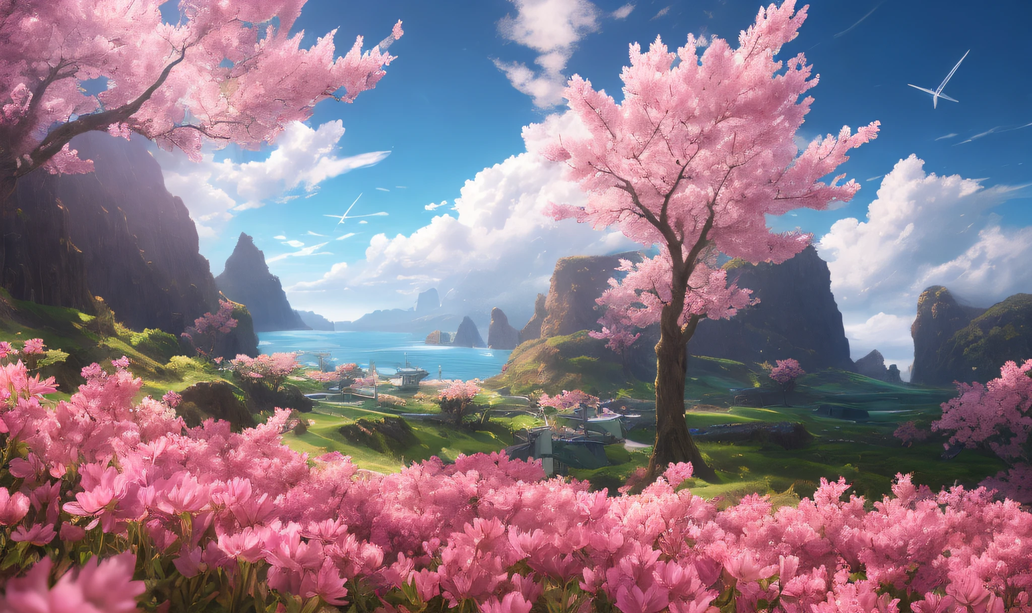 (xenoblade:1.3), complex, highly detailed, artstation, smooth, sharp, focus, (complex:1.1), (high detail:1.1), landscape, octane rendering, smooth, sharp focus, 35mm, (Analog Style:1.0) , (photorealistic:1.3), (clouds:1.1), (dawn:1.1), (pink flowers), sakura, (night:1.4), (ocean:1.2)