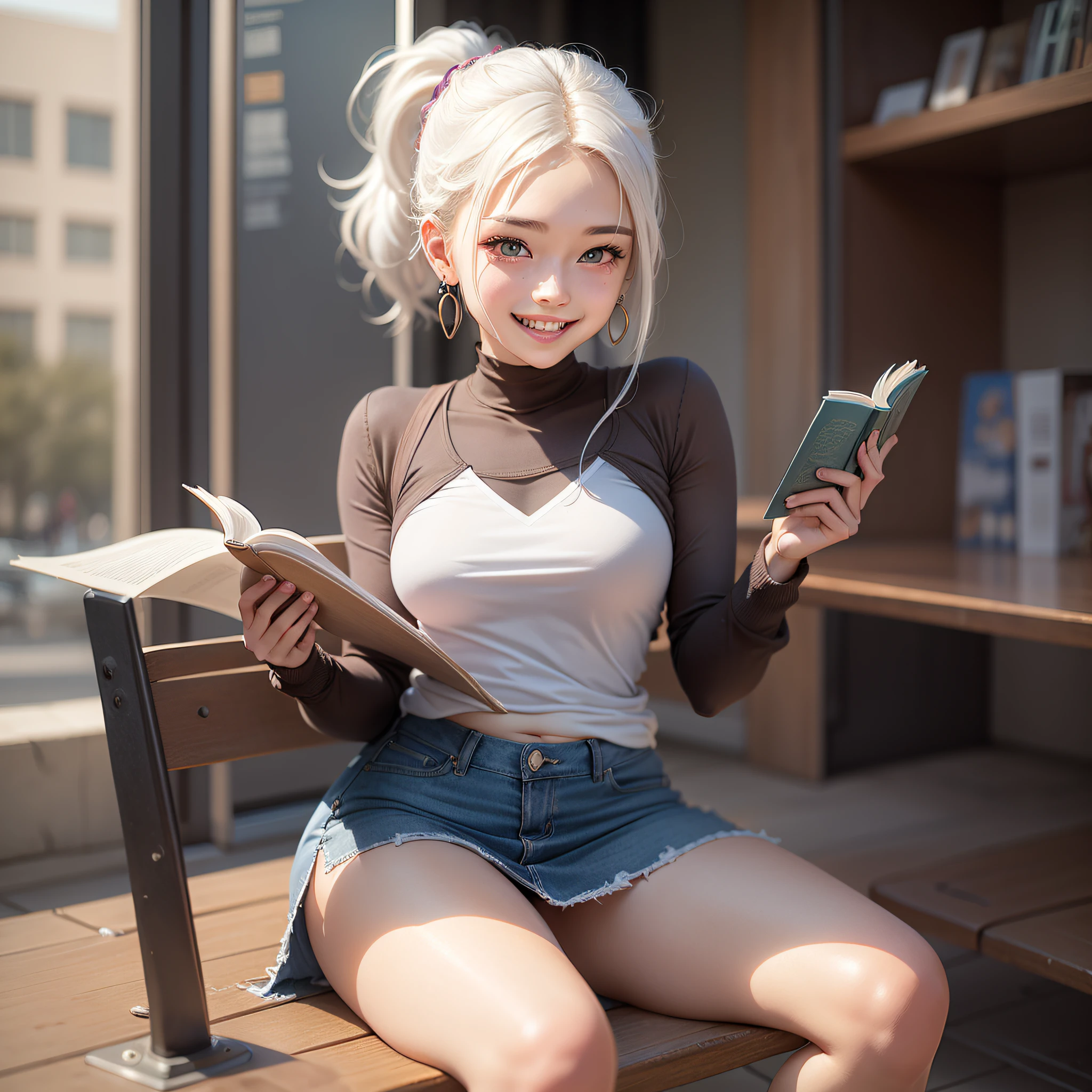 ２０Year Old College Student、Reading a book on a college campus bench、a miniskirt、Legs open, white hair, braided ponytail, dilated pupils, earrings, grin, bright pupils, Surrealism, Romanticism, depth of field, cinematic lighting, UHD, masterpiece, anatomically correct, textured skin, high details, 16k