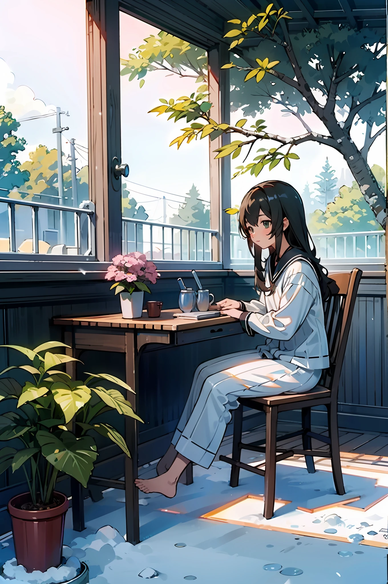 Yukino under the snow， Best quality at best， palmeiras， pyjamas， a chair， flower pots， inside in room， The tree， ivy， Skysky， desks， window， coffeehouse， nerds， a watering can， florals， tchibi，Raised sexy