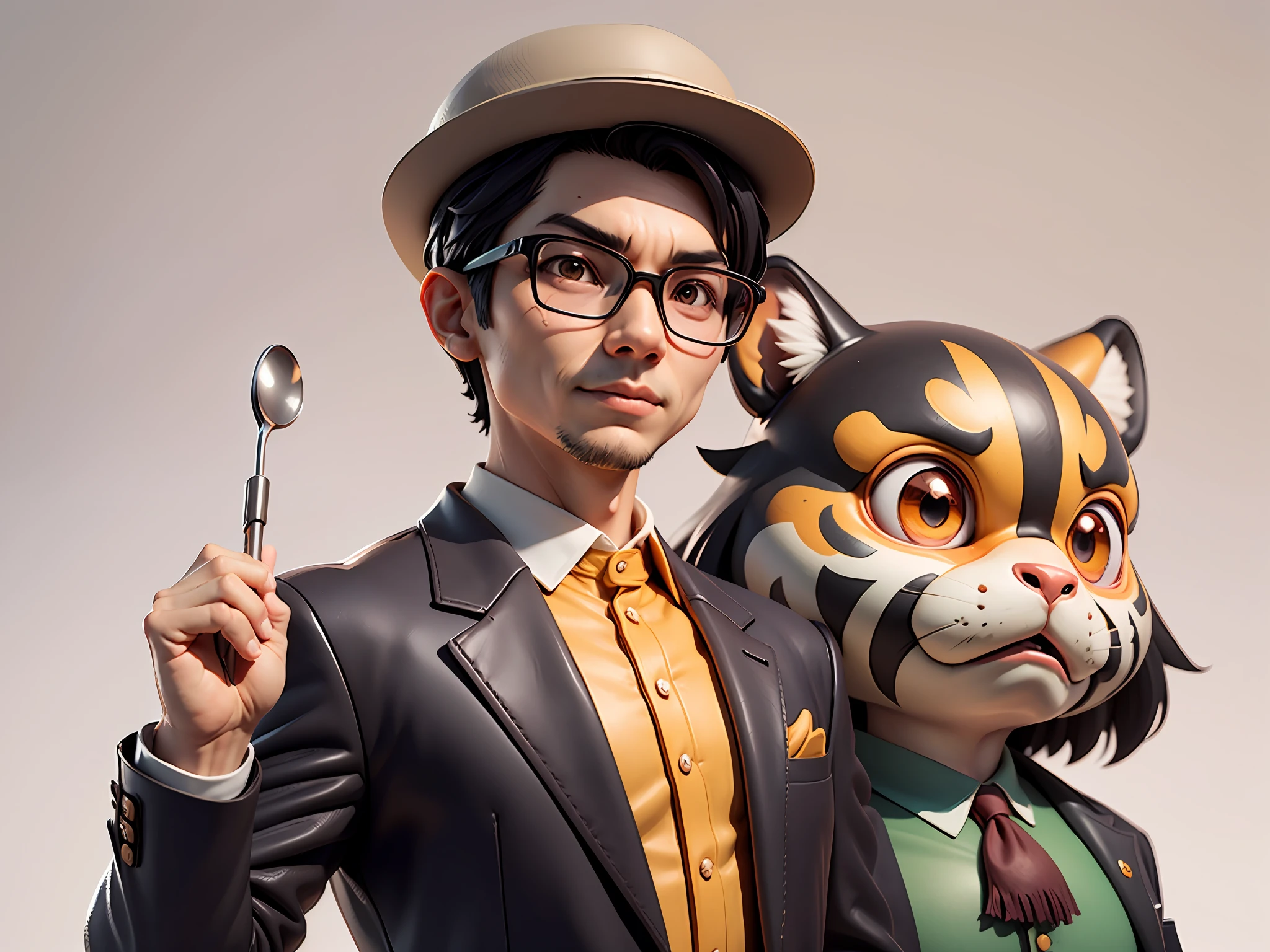 Young man with oriental face in leather hat, tiger, oriental face in formal suit, short black hair, silver glasses, digital painting, 3D character design by Mark Clairedon and Pixar and Hayao Miyazaki and Akira Toriyama, the illustration is a high-definition illustration in 4K resolution with very detailed facial features and cartoon-style visuals.