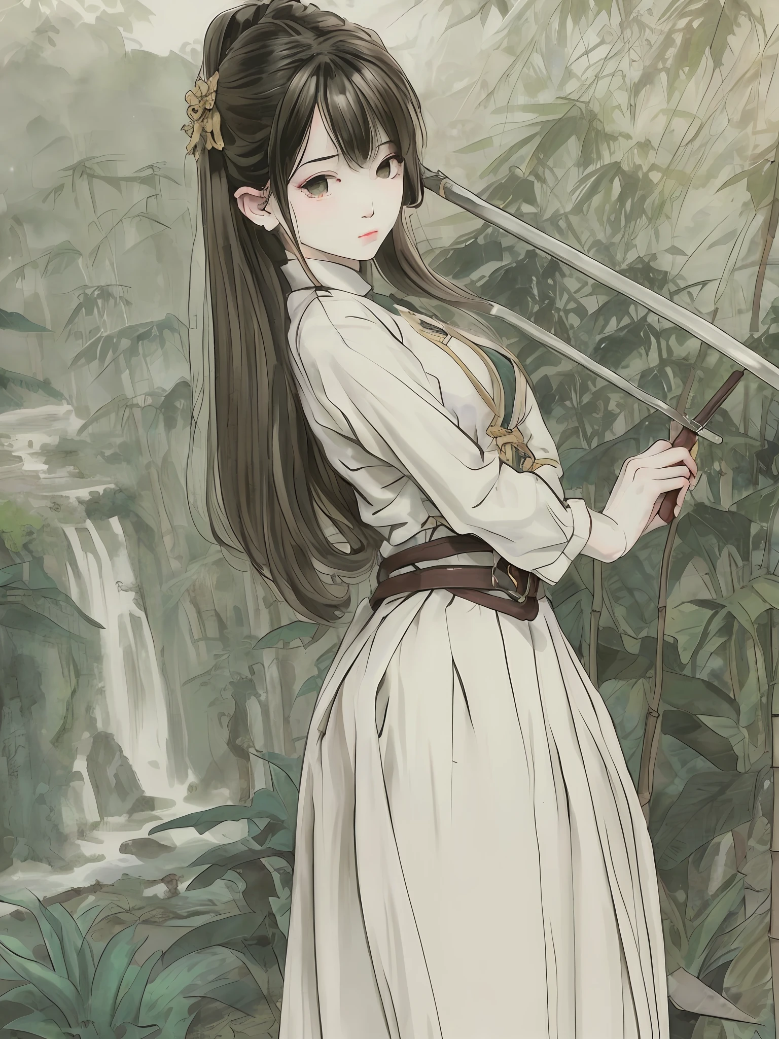 (White clothes),(period costume),(schoolboy),(Bamboo forest in background),(A half body),(Sword at waist)