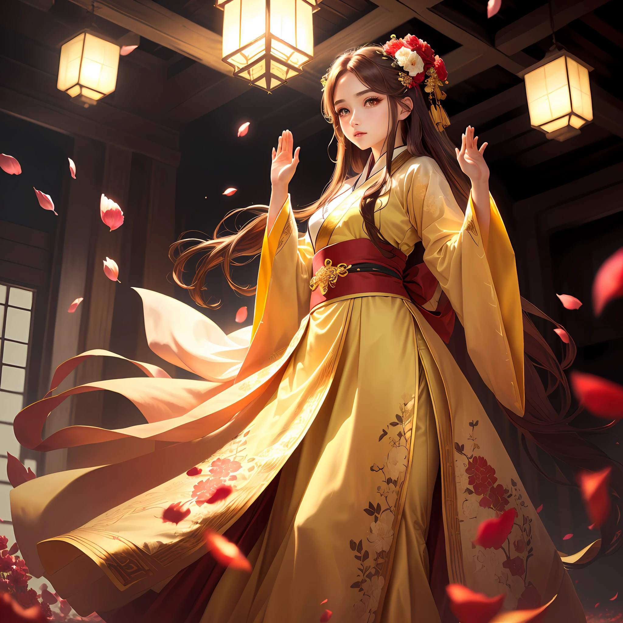 Superb Beauty, (Milky Skin: 1.3), Exquisite Detail, High Resolution, Wallpaper, 1 Male, Solo, Dress, Hair Accessories, (((Golden Red Dress)) ), Flower, Long Hair, Brown Hair, Shut Up, Accessories, Long Sleeves, Raised Hands, Wide Sleeves, Big Eyes, Flowing Hair, Hanfu, Hanfu, Embroidery, Long Skirt, Natural Pose, Falling Petals, Indoor, Fanning, Lantern, 16K, HDR, High Resolution, Depth of Field, (Film Grae: 1.1), Bocon, Primetime, (Lens Glow), Vignette, Rainbow, (Color Grading: 1.5)