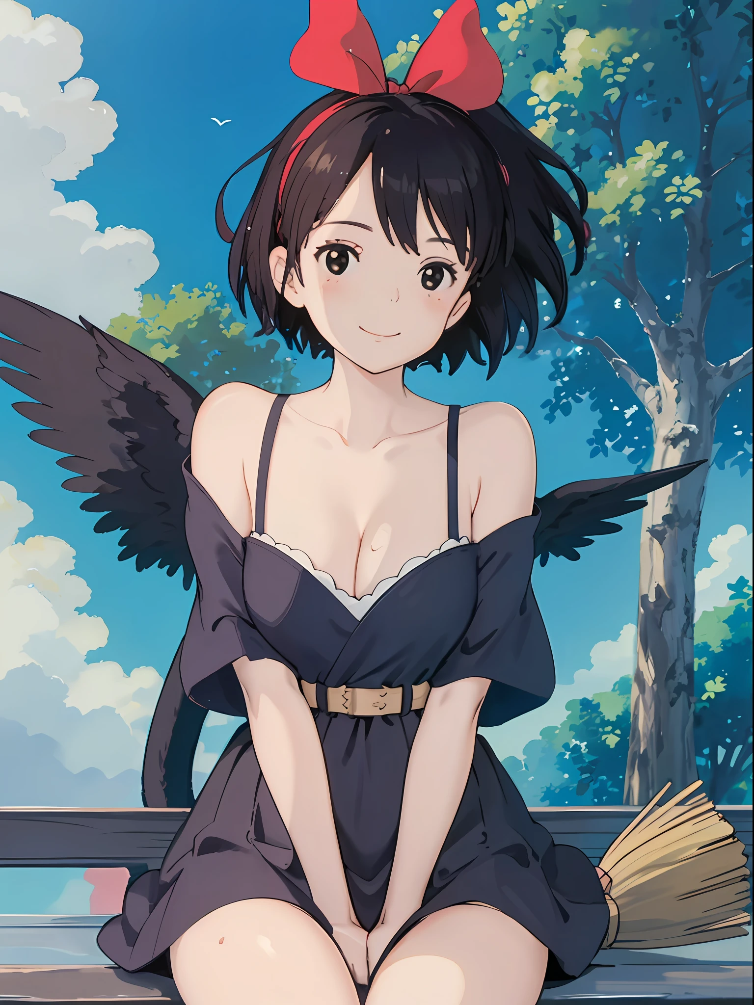Beautiful sky, light, (masterpiece, top quality; 1.3), super detailed, 1 girl, solo, fina grandia, watch viewer, smile, kiki, red ribbon, big, cleavage, black coat, blue sky, black cat, riding a broom, flying in the sky, lifted by self, skirt lift, panties, thighs, gigi sexy, off-shoulder, bare shoulders, closed mouth, makeup, lipstick, ( wet crotch: 1.3),