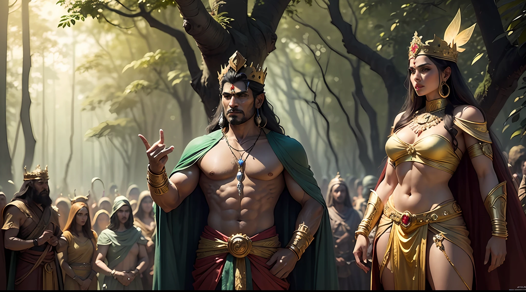 Shiva the indian god , 8k ultra realistic ,a king in the jungle with his army , king in the forest with many army and fairy the are many fary in a jungle with king , and king army , there are may fairy , there are many beautiful womans with king , there are crowd of beautiful womens