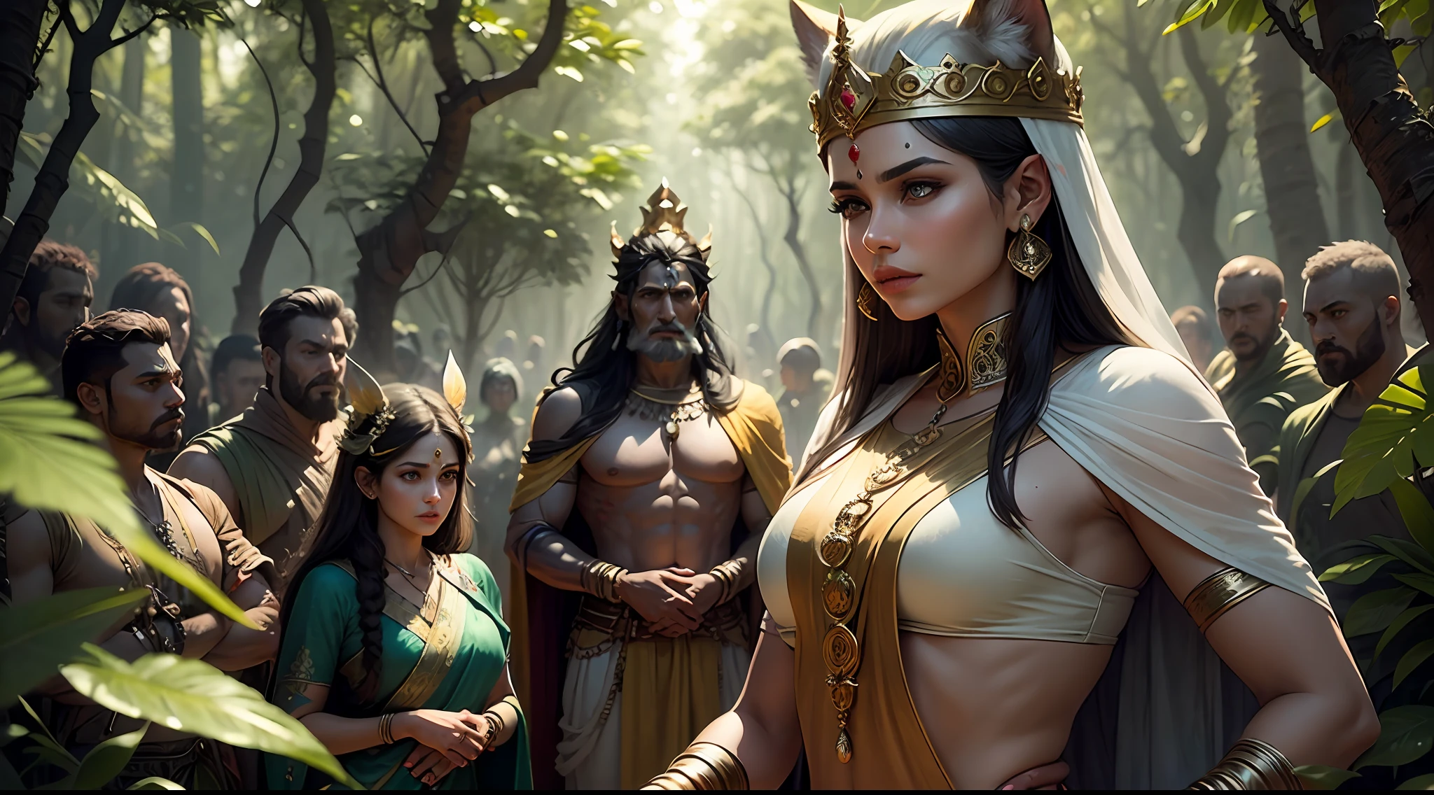 Shiva the indian god , 8k ultra realistic ,a king in the jungle with his army , king in the forest with many army and fairy the are many fary in a jungle with king , and king army , there are may fairy , there are many beautiful womans with king , there are crowd of beautiful womens