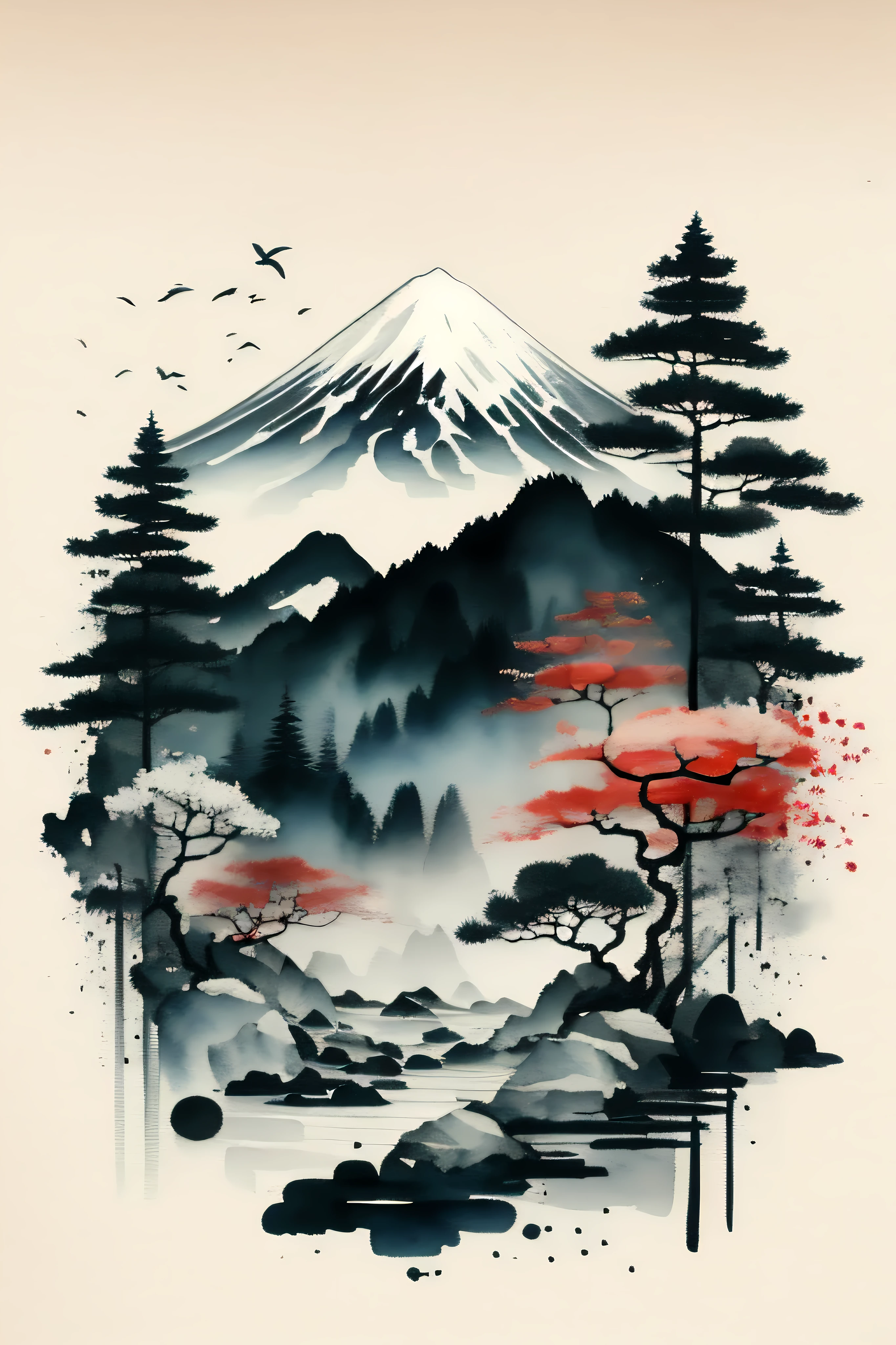 (majestic scenery, mountain ranges, ink and wash painting), white background, (lush trees and plants, asian flora and fauna), black ink splashing and watercolor blending, capturing the essence of traditional asian art, rough style, korean painting, a crane is flying