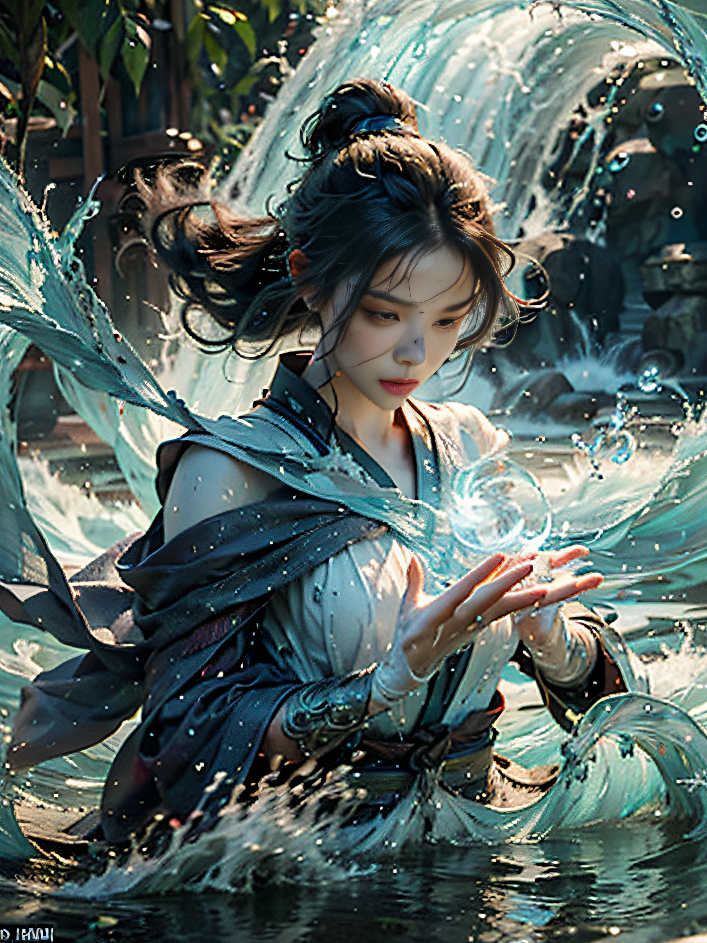 ((best quality)), ((masterpiece)), (detailed), (realistic), (official art), (extremely detailed CG unity 8k wallpaper), (water magic:1.2), (manipulating water:1.1), (elemental control:1.2), (graceful movements:1.1), (aquatic beauty:1.2), (mystical powers:1.2), (serene expression:1.1), (flowing tides:1.2), (sparkling droplets:1.2), (enchanted aura:1.1), (magical incantation:1.2), (rippling waves:1.2), (splendid water formations:1.1), (emerging from a water vortex:1.2), (resonating with nature:1.2), (commanding the elements:1.2), (translucent veil:1.1), (wisdom and power:1.2), (whirlpool of enchantment:1.2), (glowing water glyphs:1.1), (harmony with the sea:1.2), (mysterious origins:1.2), (harmonious balance:1.1), (serene strength:1.2), (spellbinding spectacle:1.2), (immersing in liquid magic:1.1), (embracing her destiny:1.2)