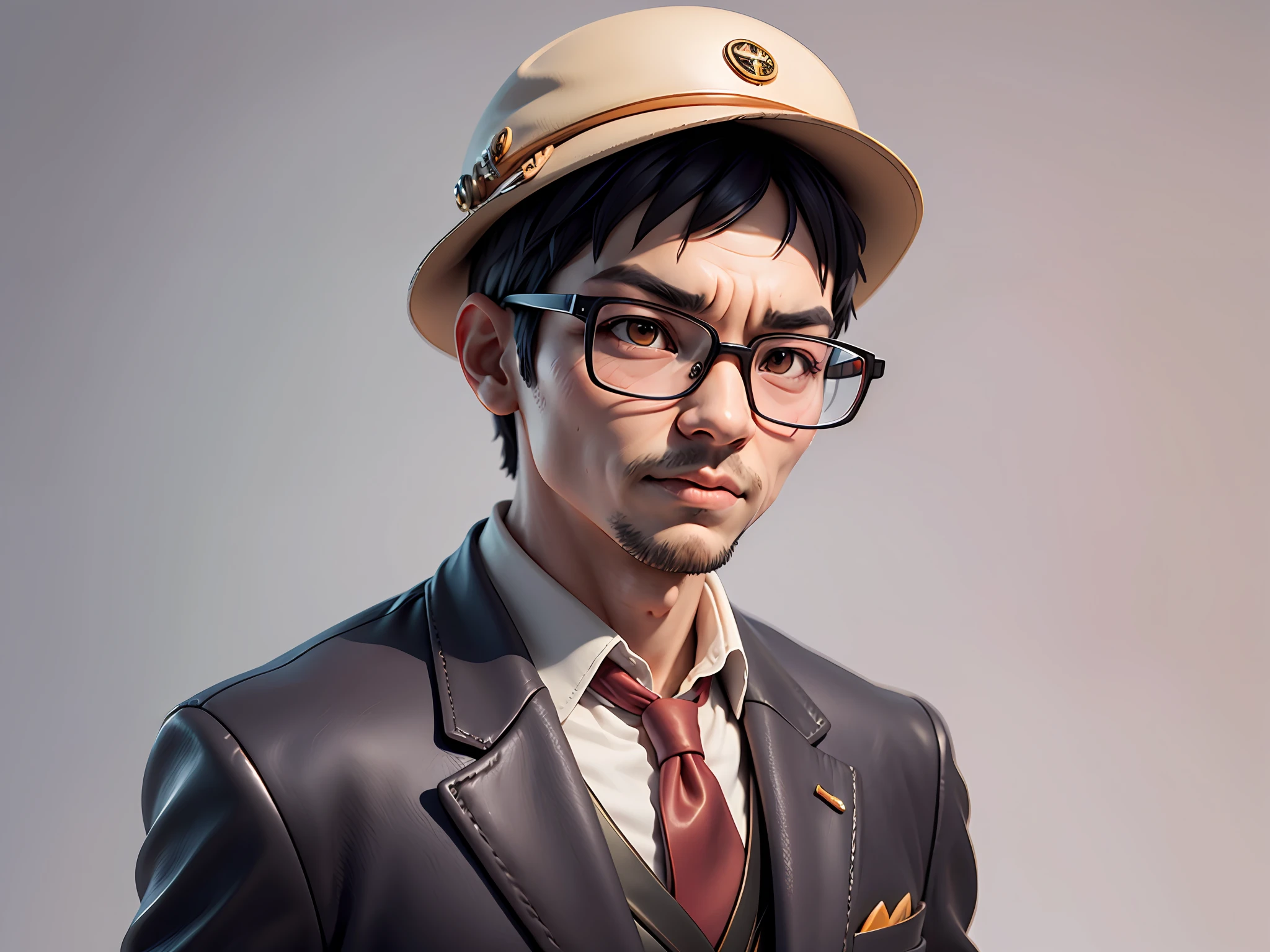 Young man with oriental face in leather hat, tiger, oriental face in formal suit, short black hair, silver glasses, digital painting, 3D character design by Mark Clairedon and Pixar and Hayao Miyazaki and Akira Toriyama, the illustration is a high-definition illustration in 4K resolution with very detailed facial features and cartoon-style visuals.