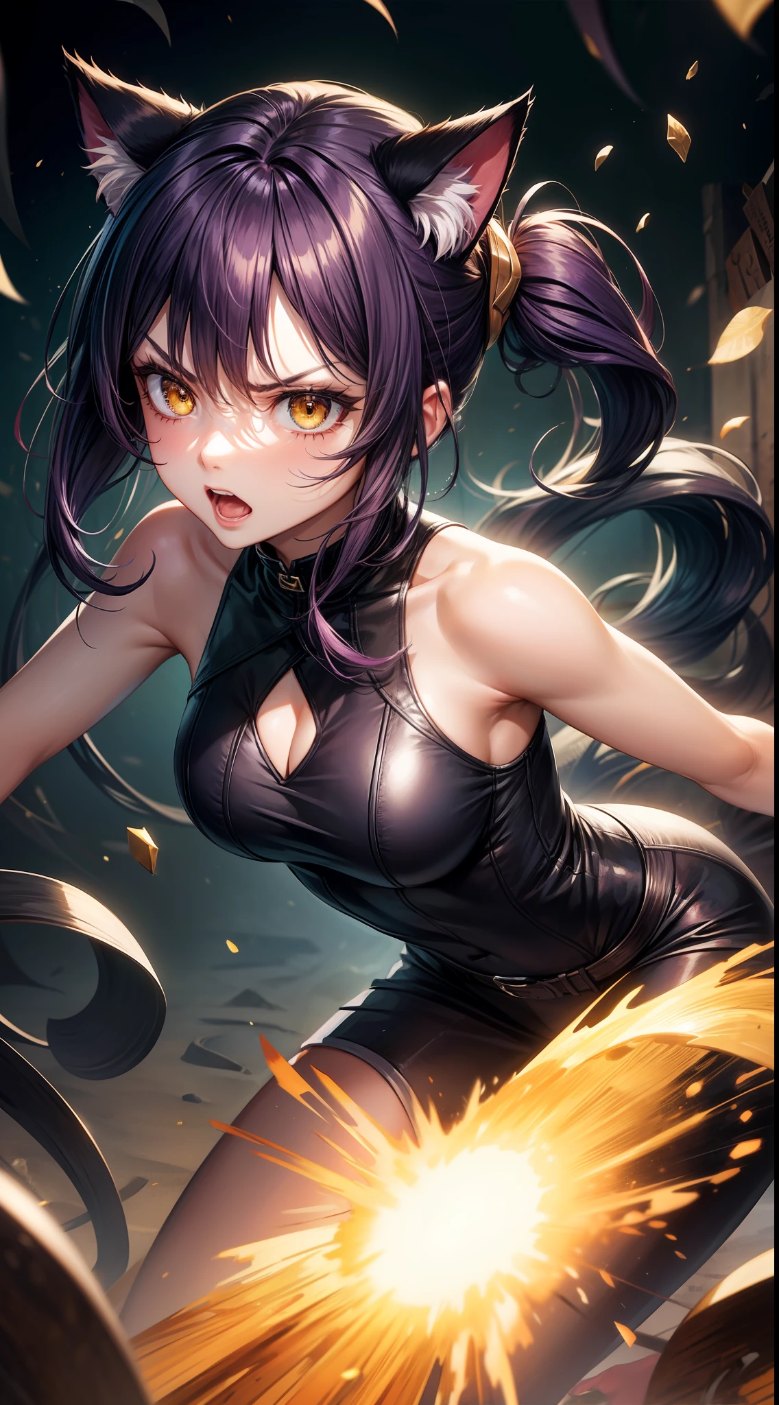 Adult woman, dark purple hair, low ponytail, golden eyes, cat ears, Killer form, Sleeveless, anger, Masterpiece, hiquality