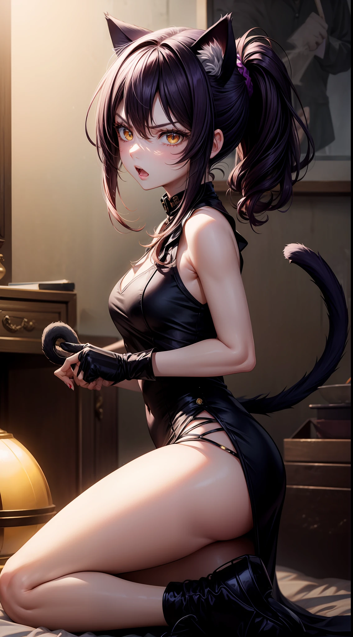 Adult woman, dark purple hair, low ponytail, golden eyes, cat ears, Killer form, Sleeveless, anger, Masterpiece, hiquality