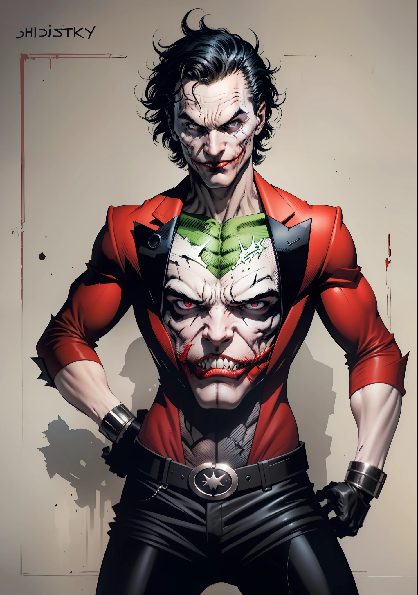 a man, black hair, pale face, red suit, black pants, social shoes, black eyes and pupils, red hat, one side of his mouth is completely torn showing his scary gums, super Villain, inspired by the joker, full body, reference sheet, T pose, white background