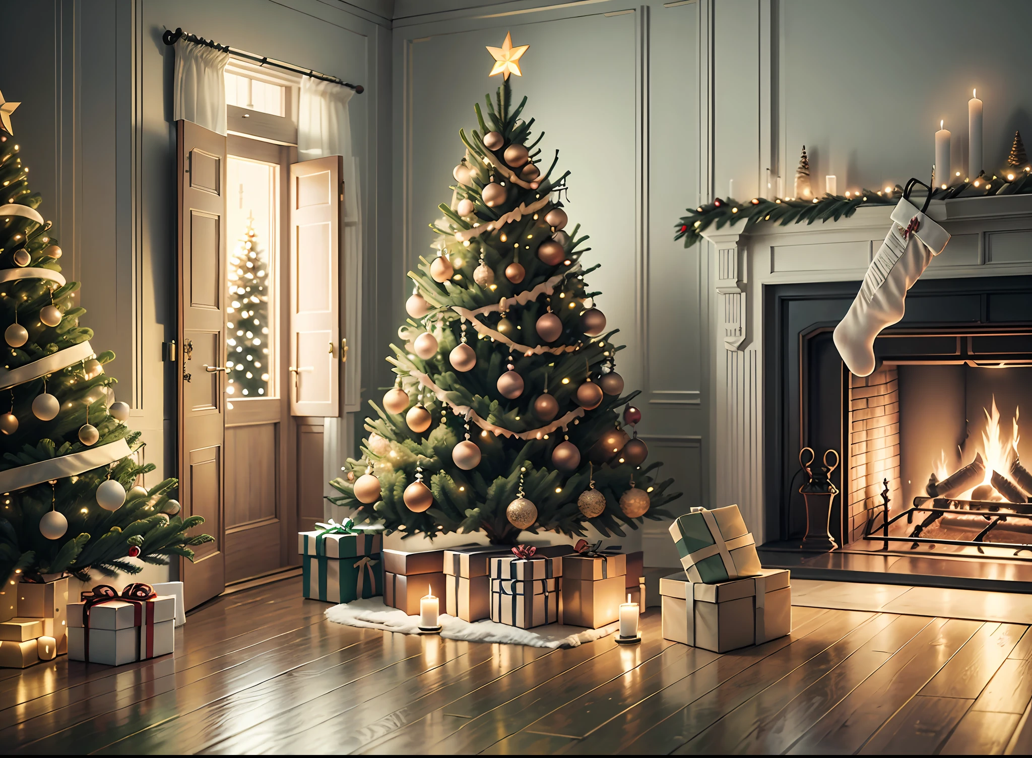 front view full christmas tree, armchair and fireplace, real photography, super realistic rendering, realistic rendering, 8k, --auto --v6 --s2