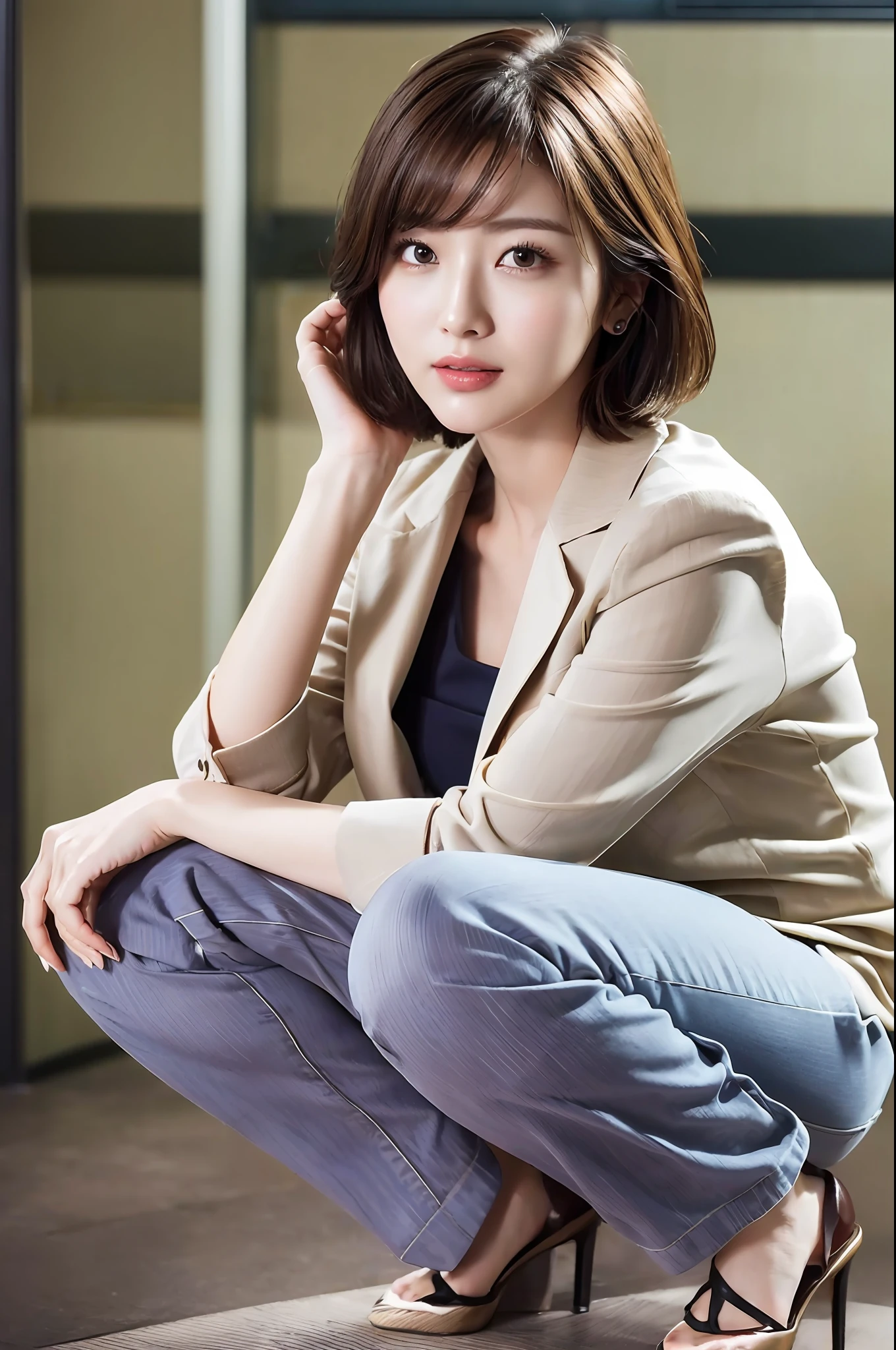 japanese beautiful woman,Ultra detailed skin,Ultra-fine,toView,Brown-eyed,drooing eyes,high detailing,(short-haired with bangs:1.2),(Photorealsitic:1.4),(Top image quality:2.0),(超A high resolution:1.0), (​masterpiece:1.5),(pureerosface:1.5),big eye,Dynamic lighting,Bright pink and sparkling lipstick,Beautiful skin that shines white,Business suits,Slack Pants,Open Shirt,20yr old,Squatting,sexypose,Beautiful body lines,open one's legs,
