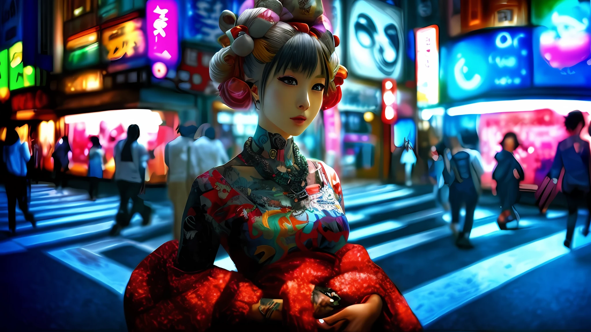 anime girl with a red dress and a red scarf in a busy city, cyberpunk geisha, pop japonisme 3 d ultra detailed, beautiful digital artwork, great digital art with details, gorgeous digital art, in cyberpunk city, cyberpunk art ultrarealistic 8k, beautiful digital art, stunning digital art, anime cyberpunk art, beautiful gorgeous digital art, digital cyberpunk - anime art