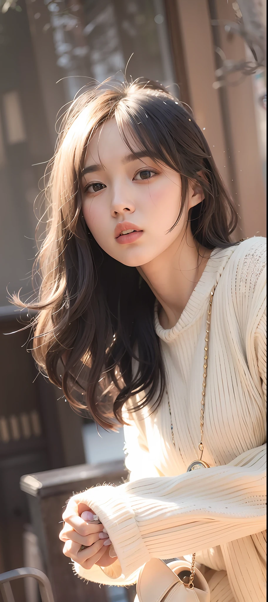 Close-up of a woman in a sweater and purse, Gorgeous young Korean woman, Beautiful young Korean woman, ulzzangs, young lovely Korean faces, beautiful Korean women, Korean girl, Asian girl with long hair, young cute wan asian face, portrait of female korean idol, korean women's fashion model, A beautiful young woman, wan adorable korean face