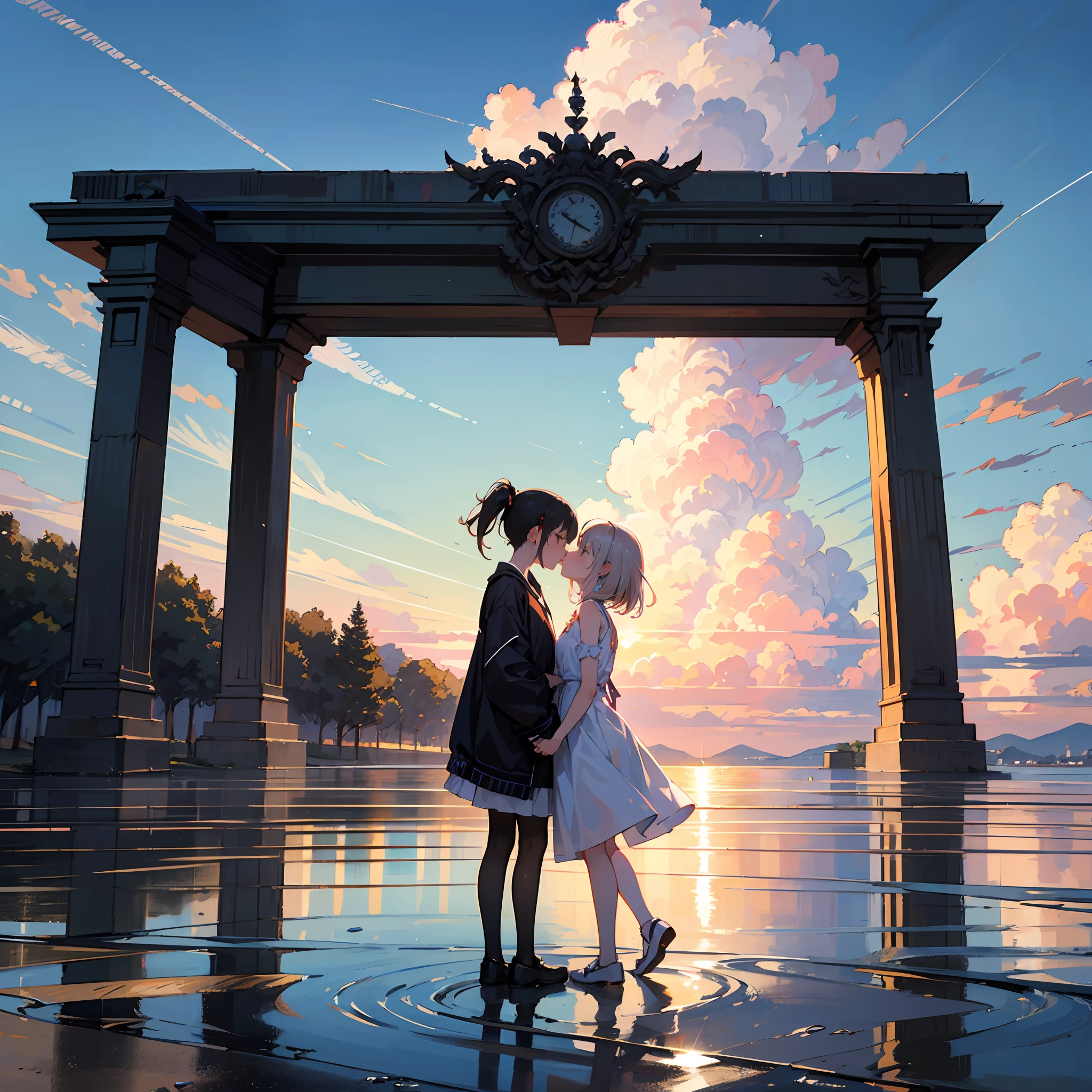Masterpiece,hyper quality, Hyper Detailed,Perfect drawing,nffsw,3d,in 8K,illustratio、Hi-Res、Two beautiful girls、the kiss、french kissing、the setting sun、Summer colors、cumulonimbus clouds、Horizon、shores、breakwater、Menorah、back lighting、Sparkling water surface、End of summer、beatiful backgrounds、Accurate drawing、Detailed drawing