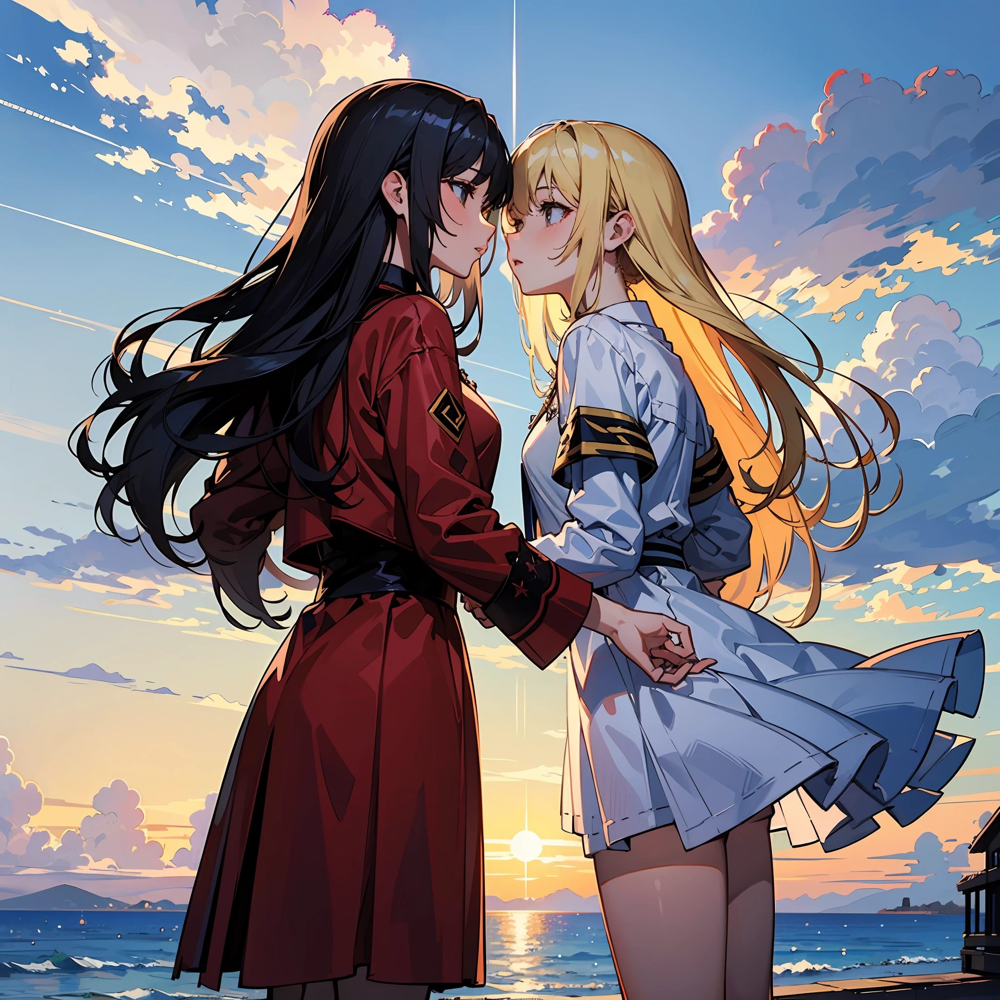 Masterpiece,hyper quality, Hyper Detailed,Perfect drawing,nffsw,3d,in 8K,illustratio、Hi-Res、Two beautiful girls、the kiss、french kissing、the setting sun、Summer colors、cumulonimbus clouds、Horizon、shores、breakwater、Menorah、back lighting、Sparkling water surface、End of summer、beatiful backgrounds、Accurate drawing、Detailed drawing