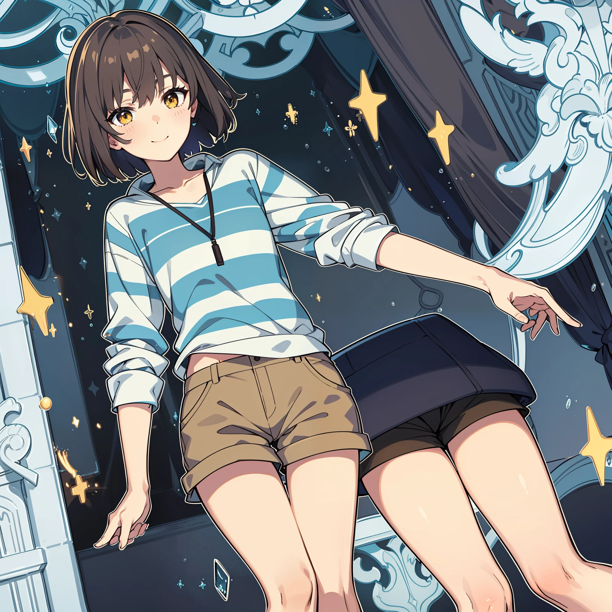 ((best qualtiy)), ((tmasterpiece)), (A detailed), Underground Story Frisk, brown hair, (brown shorts:1.3), Bob cut, short detailed hair, black pantyhoses, (blue-shirt:1.3), Yellow eyes, (1girll:1.3), (独奏:1.3), streaked, striped shirt, ssmile