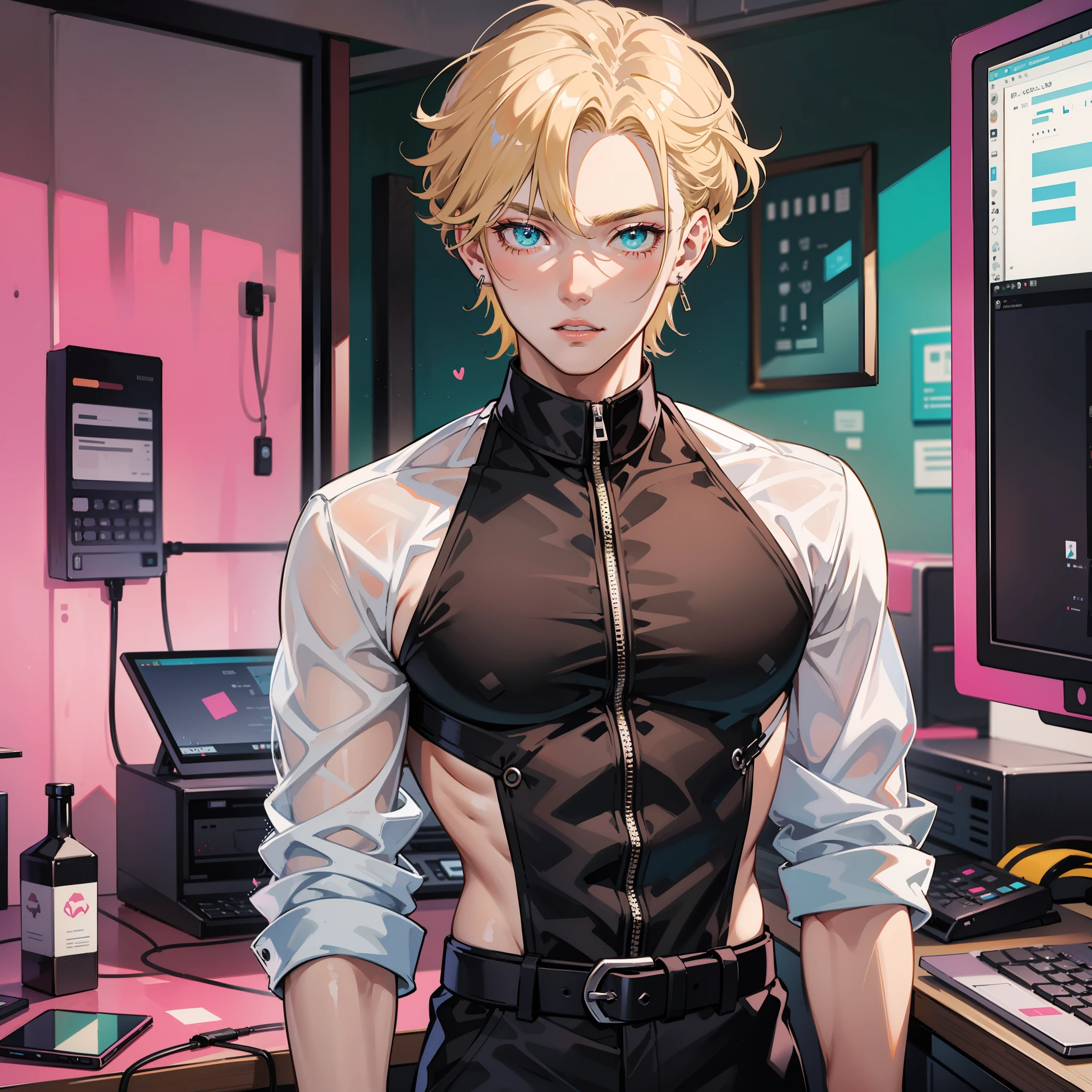 Young guy blonde with pink strands, earring in the ear, Cyan eyes, dark ???? tight clothes, Sheer Shirt, shingle, sly look, Background room with computer, Lots of plush toys