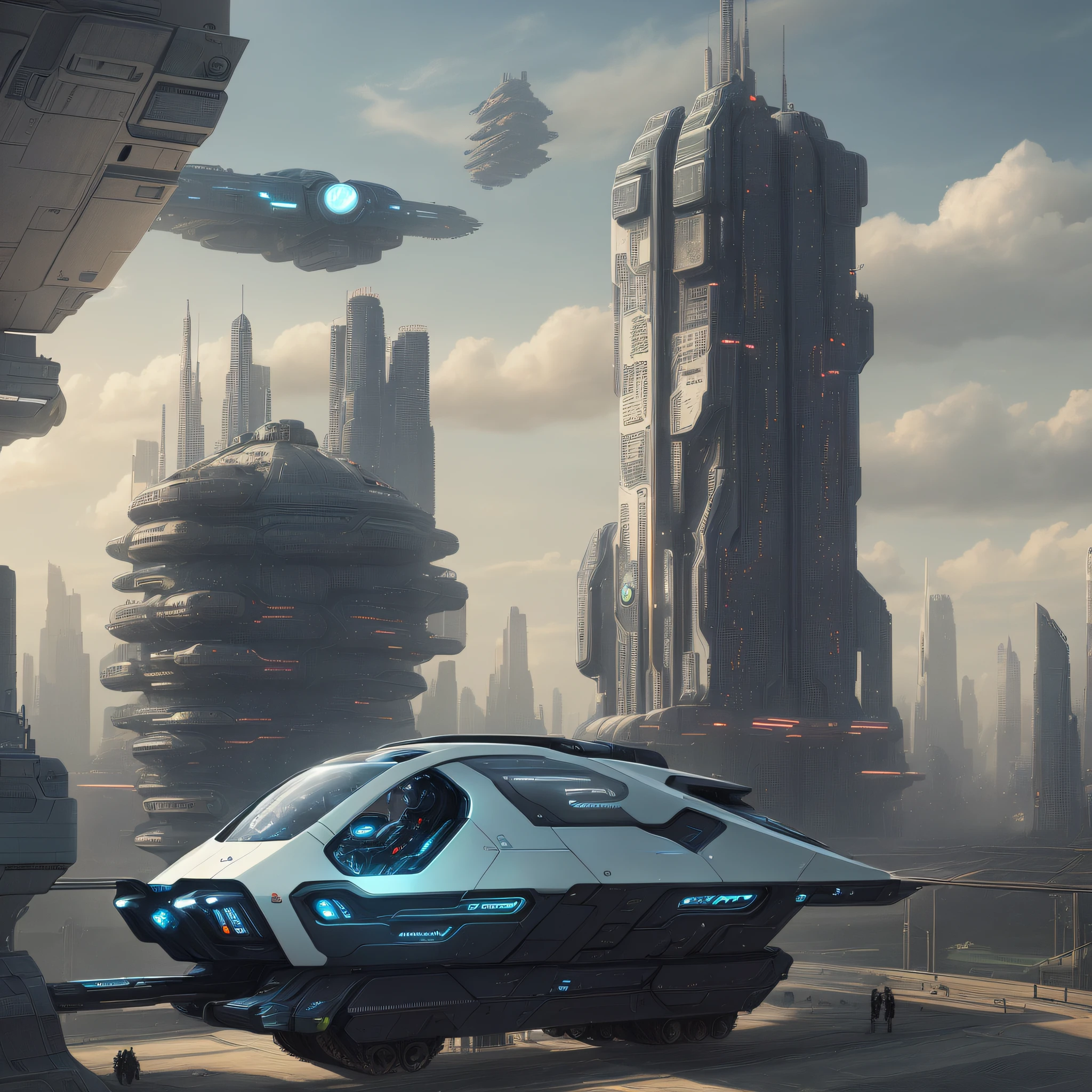 a futuristic sci-fi vehicle in a dystopian sci-fi city