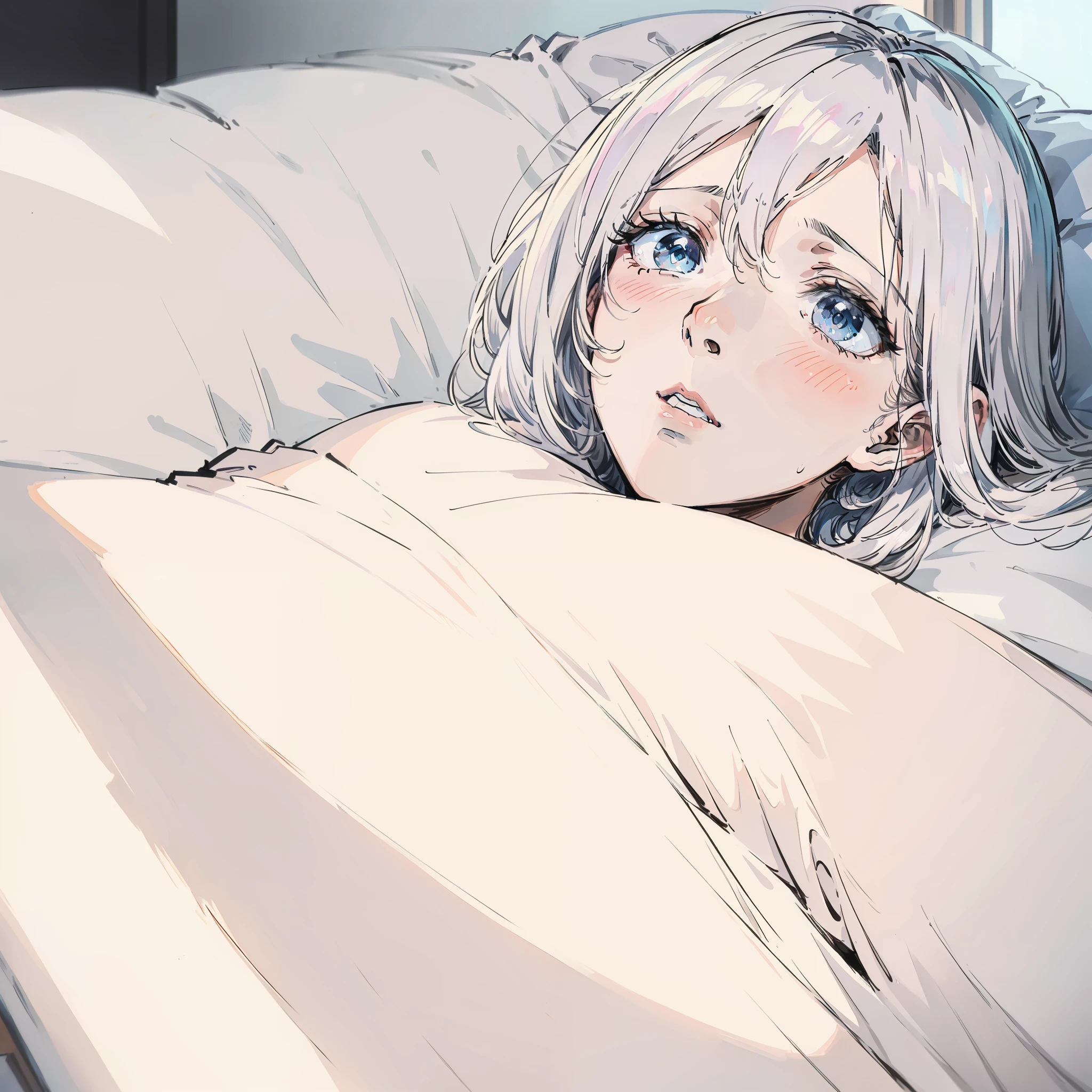A man with white hair,on top of the bed,Lying alone in bed,Wear a white shirt,gentleness,Gentle face,Exquisite facial features,Perfect light and shadow,tmasterpiece,high high quality,The expression is terrified,is shy