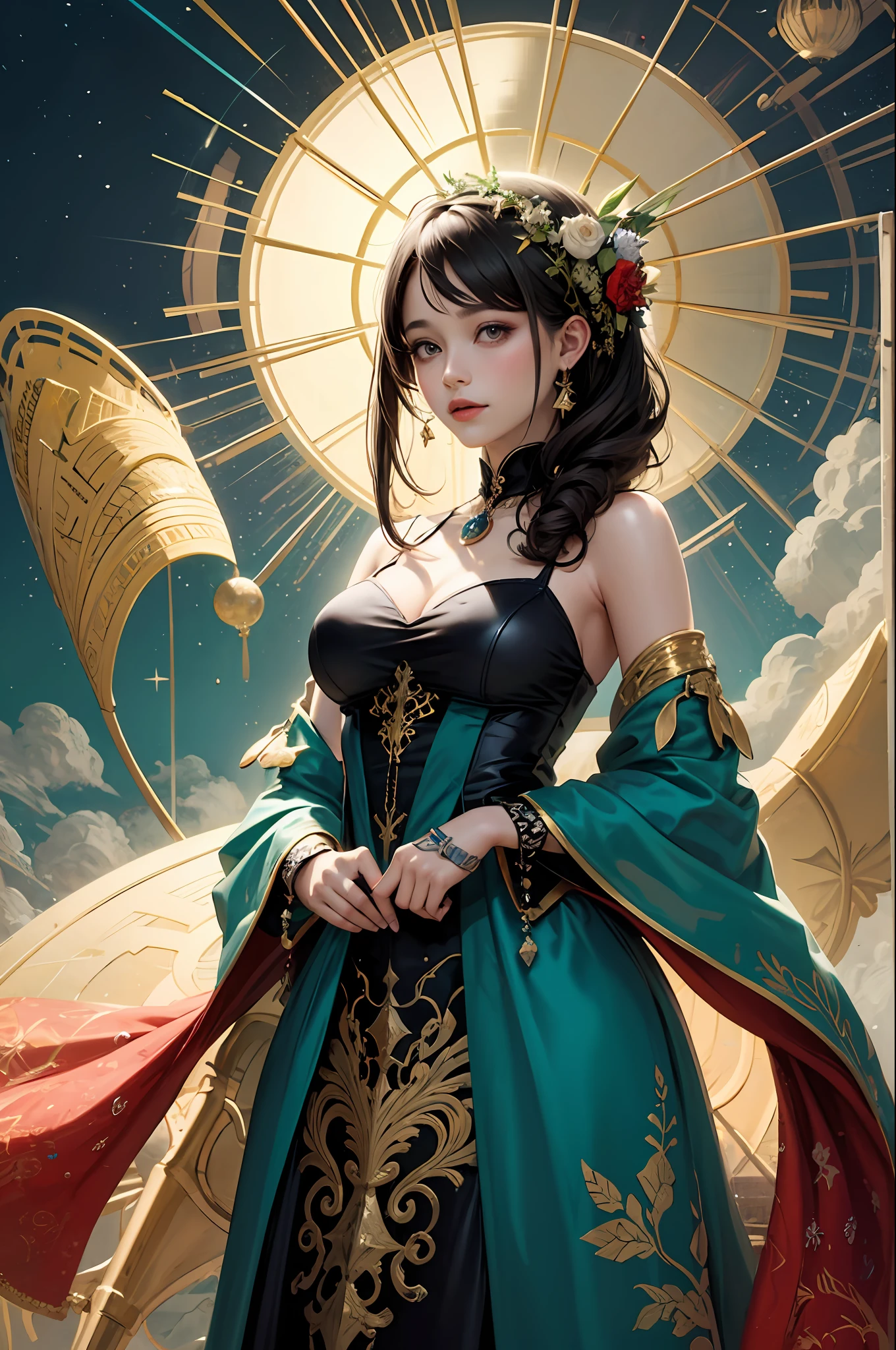 （tmasterpiece，top Quority，best qualtiy，offcial art，Beautiful and aesthetic：1.2），（1girl），Extremely detailed，Colorful，highestdetailed，offcial art，Light gauze garment，统一 8k 壁纸，ultra - detailed，Beautiful and aesthetic，big breasts beautiful，tmasterpiece，best qualtiy，（zentangle，datura，Tangles，entangled），holy rays，gold foil，Gold leaf art，glitter drawing，PerfectNwsjMajic