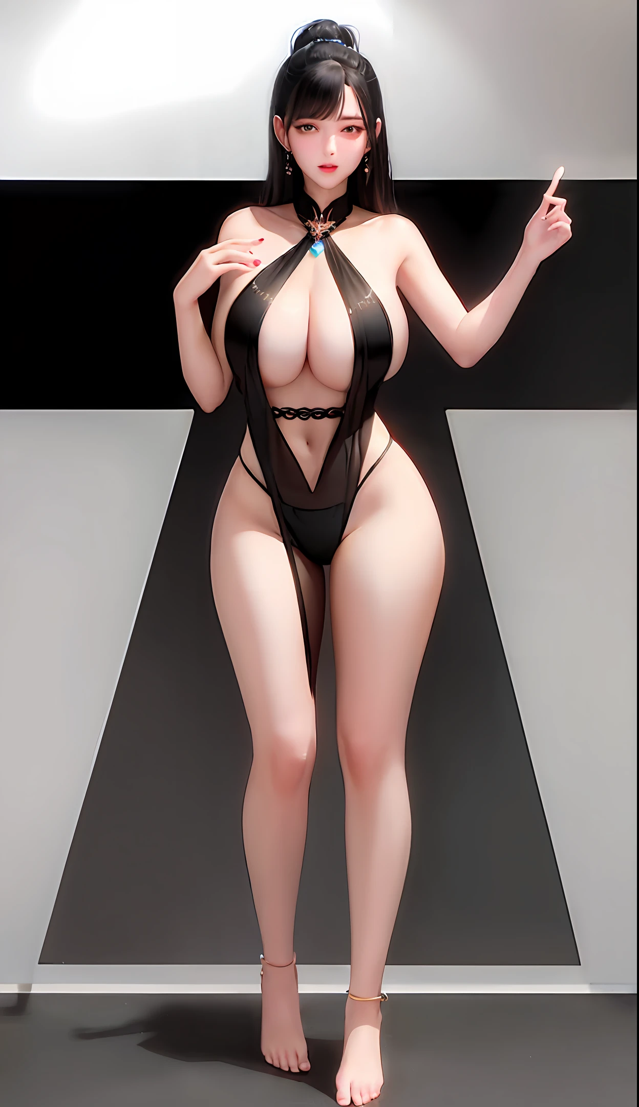 blacksilk, Employee OL clothing, eye glass, Open-mouthed, Nice aunt,Royal sister，（shiny skins, perspired：1.5）, tmasterpiece, Best quality at best, realisticlying, looking at viewert, (Bigchest:1.6), (Thigh thick:1.0),Black hair, Blush, Sony FE, surrealism, 8K，squatt，feet separate，Bare legged，the feet