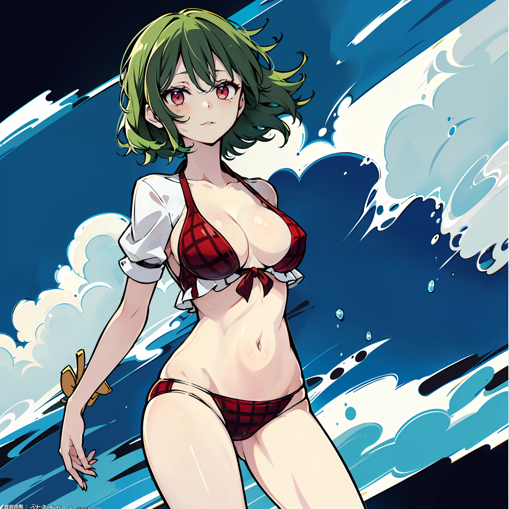 a photo of an anime photo of an anime with green hair in a lingerie bikini, 1girl, sample watermark, breasts, solo, kazami yuuka, green hair, swimsuit, bikini, large breasts, traditional media, plaid, plaid bikini, cleavage, short hair, navel, looking at viewer, cowboy shot, blush