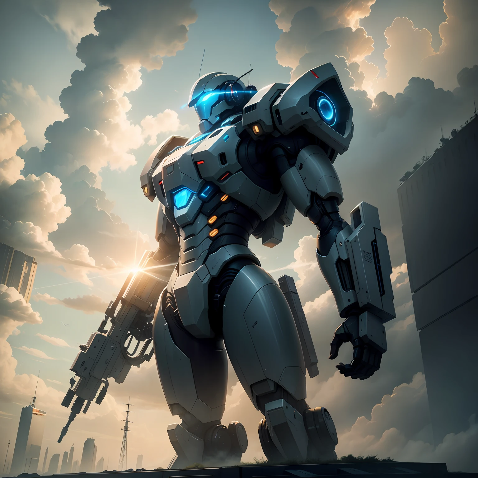 Sky, Clouds, holding_weapon, no_humans, Glow, Robots, Architecture, Science Fiction, Cities, Reality --v6