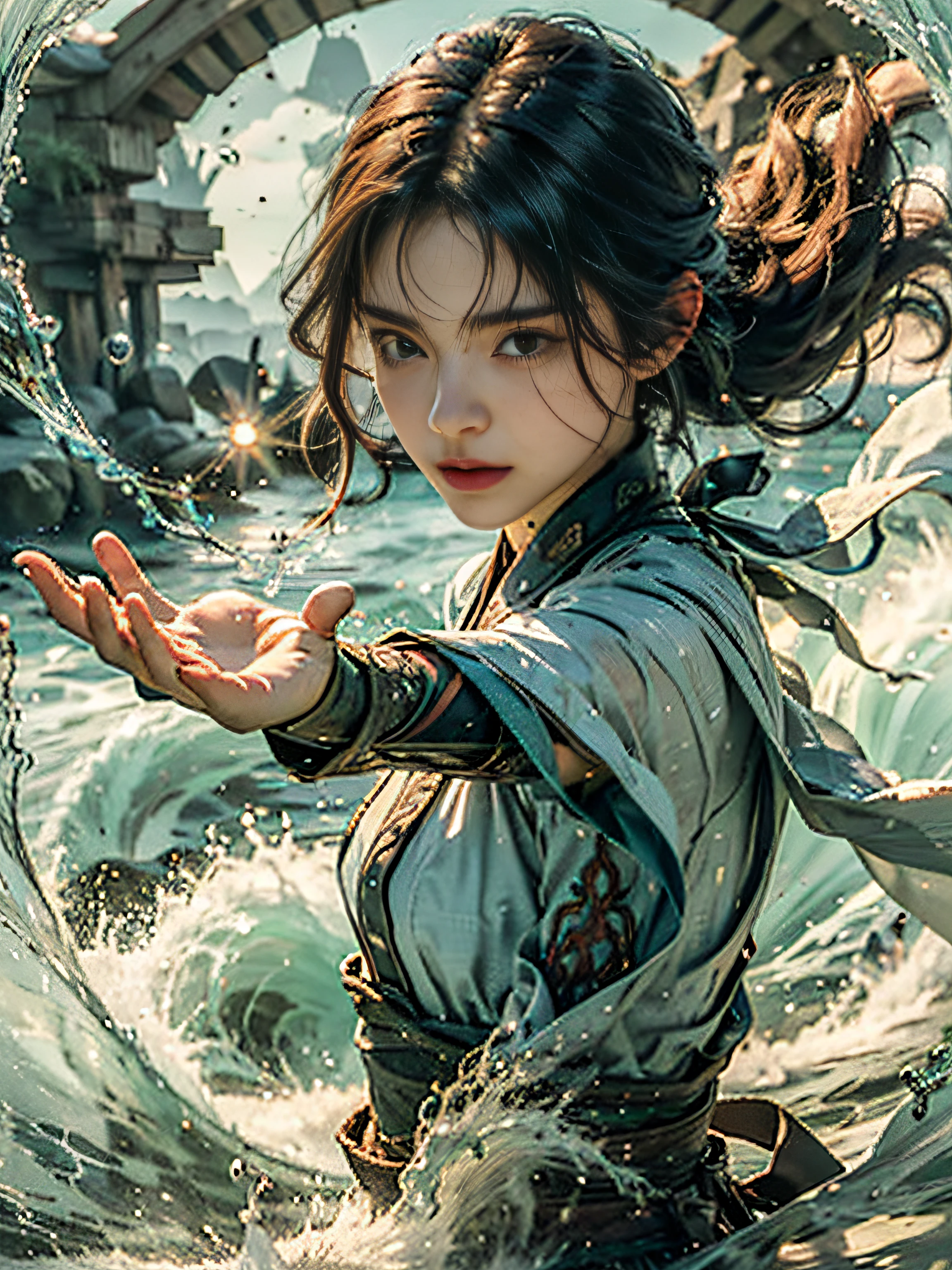 Blockbuster movies,Detailed details,Detailed facial expressions,Detailed hands((best qualtiy)), ((tmasterpiece)), (A detailed), (Realistis), (offcial art), (Very detailed CG unity 8K wallpaper), (Water magic:1.2), (Mobile firepower:1.1), (element control:1.2), (graceful movements:1.1), (Aquatic beauty:1.2), (Mysterious powers:1.2), (Serene expression:1.1), (Flowing tides:1.2), (Sparkling water droplets:1.2), (magic aura:1.1), (magic incantation:1.2), (Ripple waves:1.2), (Brilliant flame formation:1.1), (Emerges from a whirlpool of water:1.2), (Resonate with nature:1.2),(commanding the elements:1.2),(translucent veils:1.1),(Wisdom and strength:1.2),(swirls of magic:1.2),(Glowing zigzag:1.1),(Harmony with the sea:1.2),(Mysterious origins:1.2),(harmonious balance:1.1),(The power of tranquility:1.2),(A fascinating spectacle:1.2),(Immerse yourself in liquid magic:1.1),(Embrace her destiny:1.2)真实感,超高分辨率