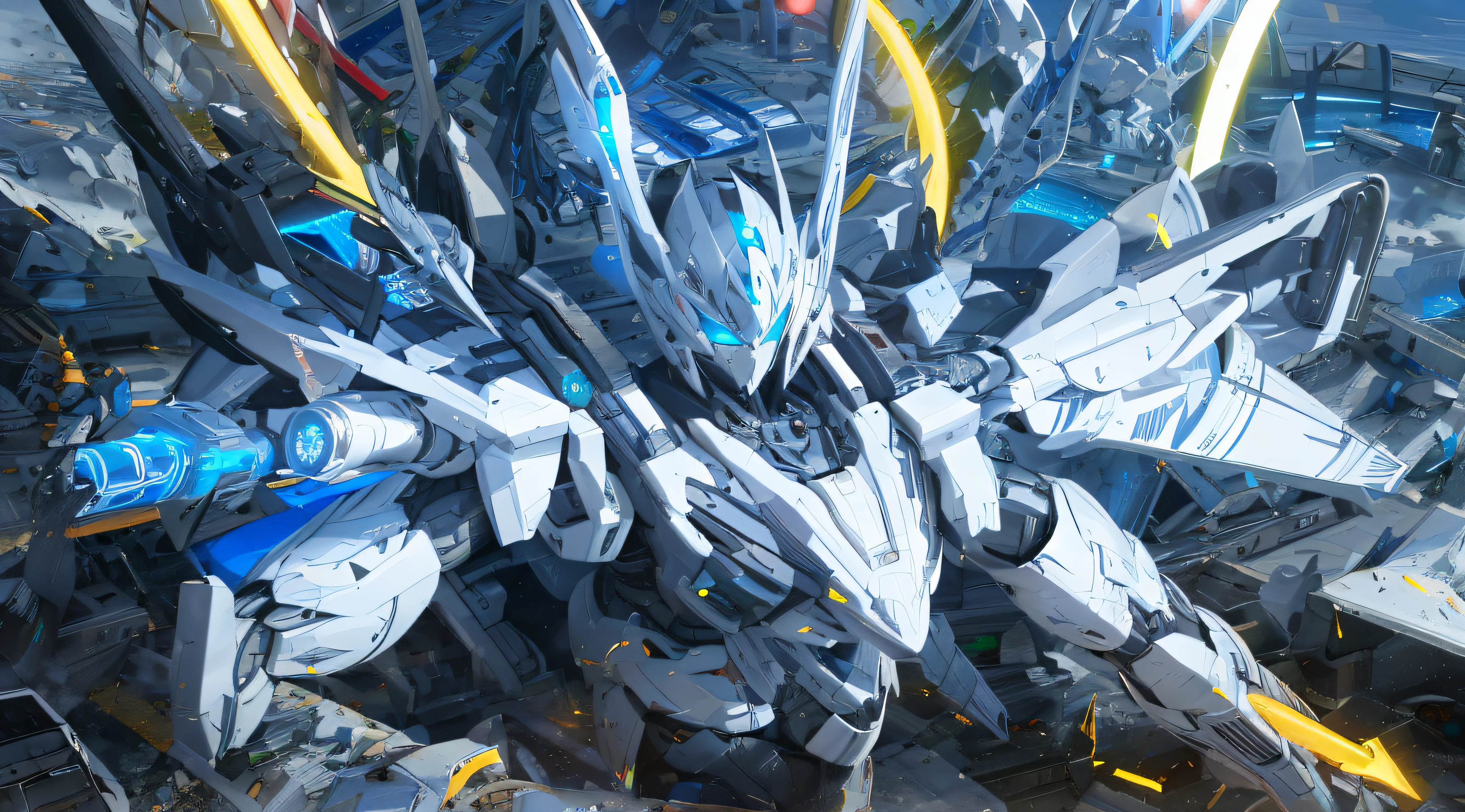 a robot, best quality,highly detailed, ultra-detailed, masterpiece, 8k wallpaper,white theme, blue eyes, bad anatomy, absurdres, highres, super fine illustration, absurdres, solo, game cg, lord,at night, (blacklight:1), (detailed beautiful face and eyes:1.0), command spell,mecha musume,mask,mechanical parts, robot joints, full armor,(huger body:1.3),glowing eyes,mecha