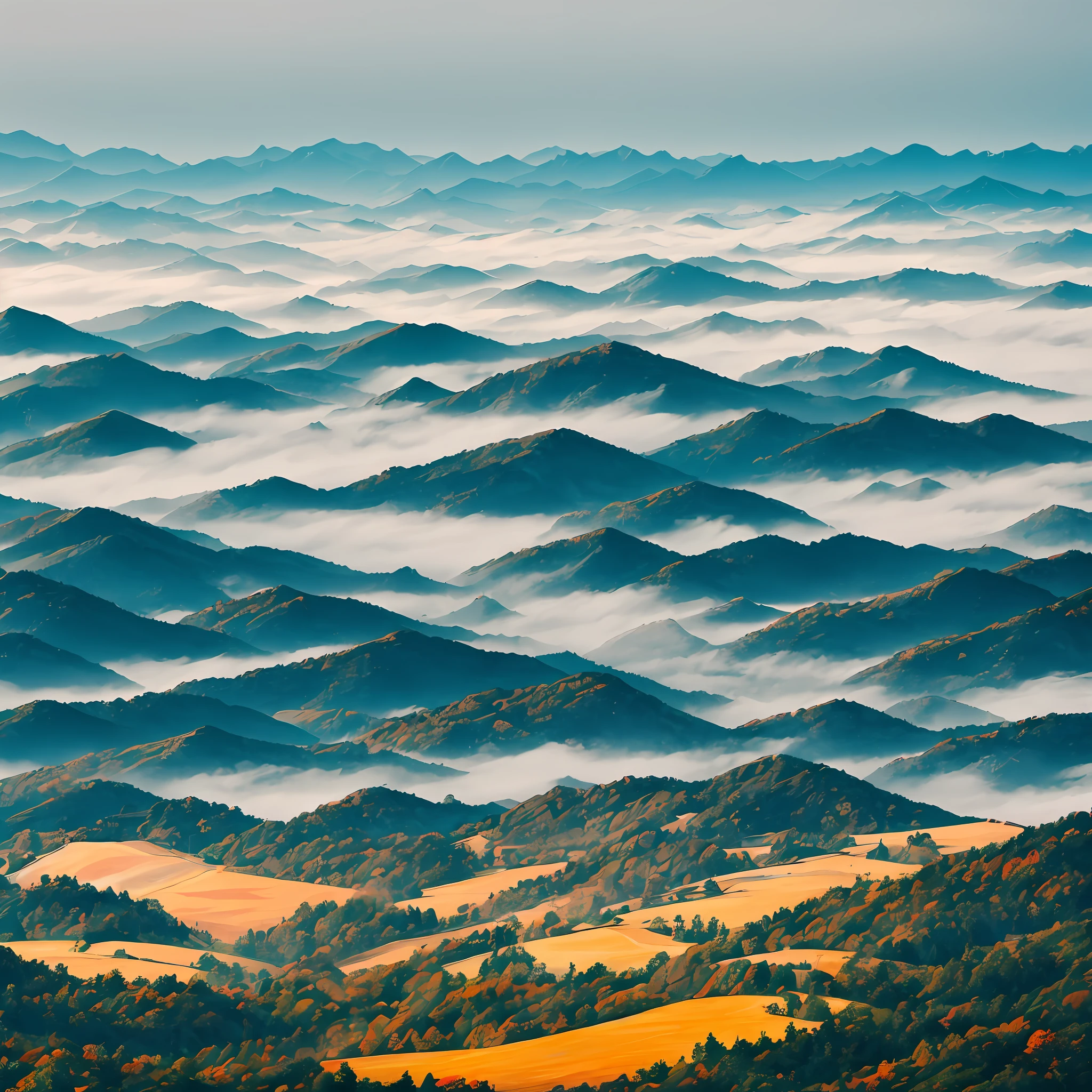 High image quality extremely beautiful ink landscape painting,Foggy,Cyan tones are translucent,ultra-definition,About 2 above/3 is the sea of clouds,About 1 below/3 is a continuous cluster of peaks,Great view,Asuka Shoji,Simple Chinese style,The lone pavilion at the bottom left of the picture occupies the golden section point,Overall bluish gray tone,The dark tones are full of charm。 --auto