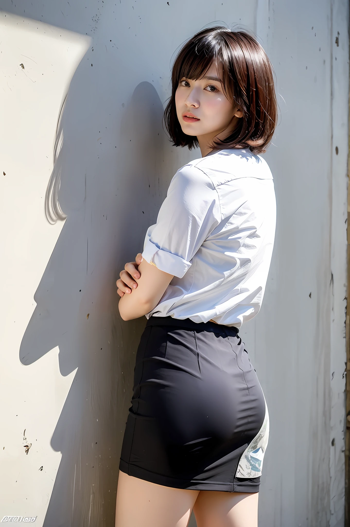 ((8K:1.27)、top-quality、​masterpiece、超A high resolution:1.2)photo beautiful Japanese woman(pleasing:1.1) (White shirt:1.21) Design by Gregg Lutkowski and Alphonse Mucha Intricate Elegance、Fantasia、the detail、Geometry、Gradient lighting、1girl in、Delicate skin、looking at the viewers、Brown-eyed、(short hair with bangs:1.2)、(Medium chest:1.0)、(medium areola:0.8)、(realisitic:1.4)、(top-quality:1.0)、(超A high resolution:1.0)、8K、Raw photography、(​masterpiece:0.2)、(pureerosface_v1:0.5)、 white  clothes、Dark gray tight skirt、stick out your big butt、Hands on the wall、facing back、Angle from behind、s Office、upper body low