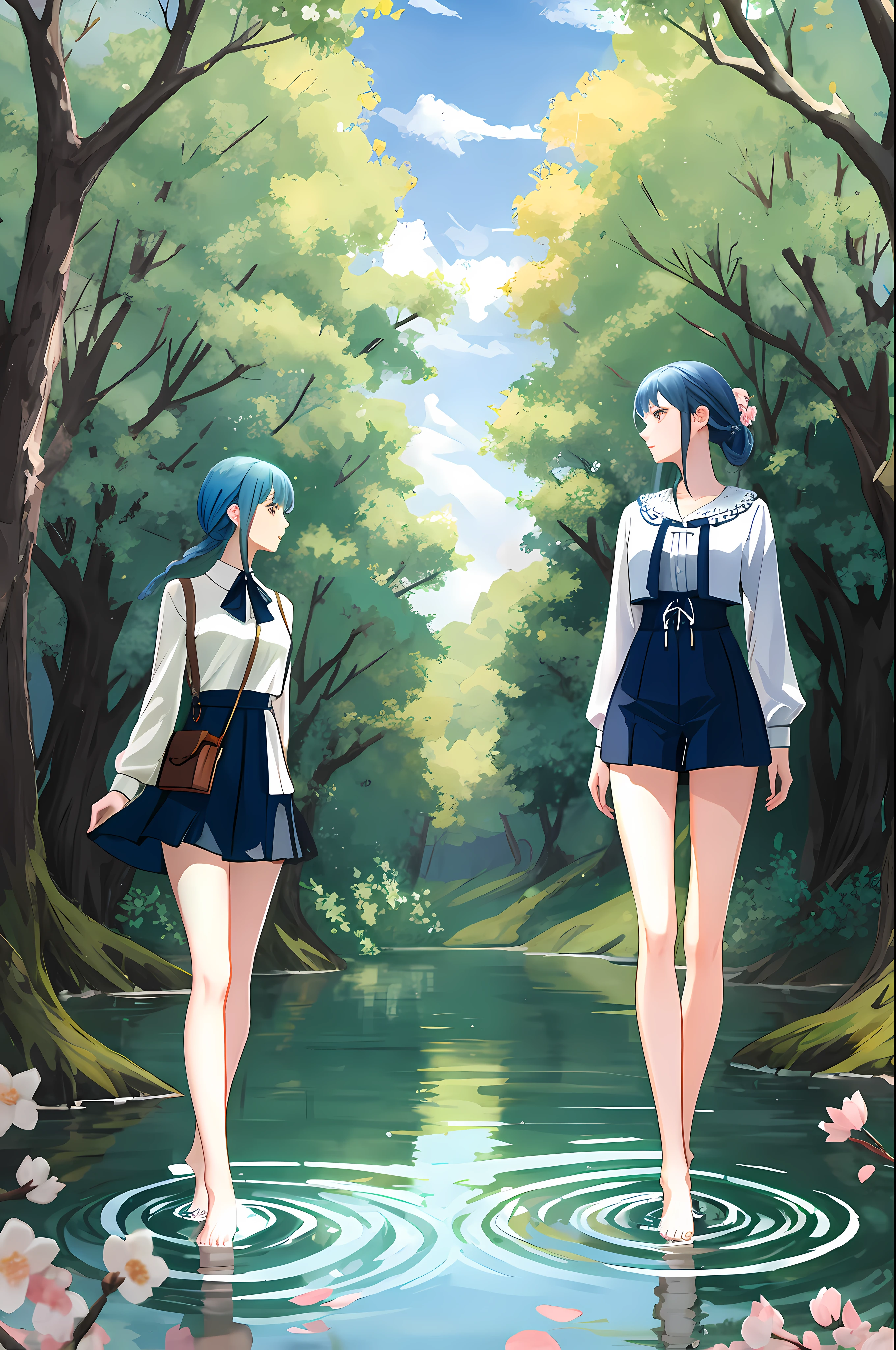 Has blue hair，Ancient wind,Perfect body proportions，  A beautiful woman in period costume，A pair of slender legs, Barefoot，Standing in the lake in the peach blossom forest，